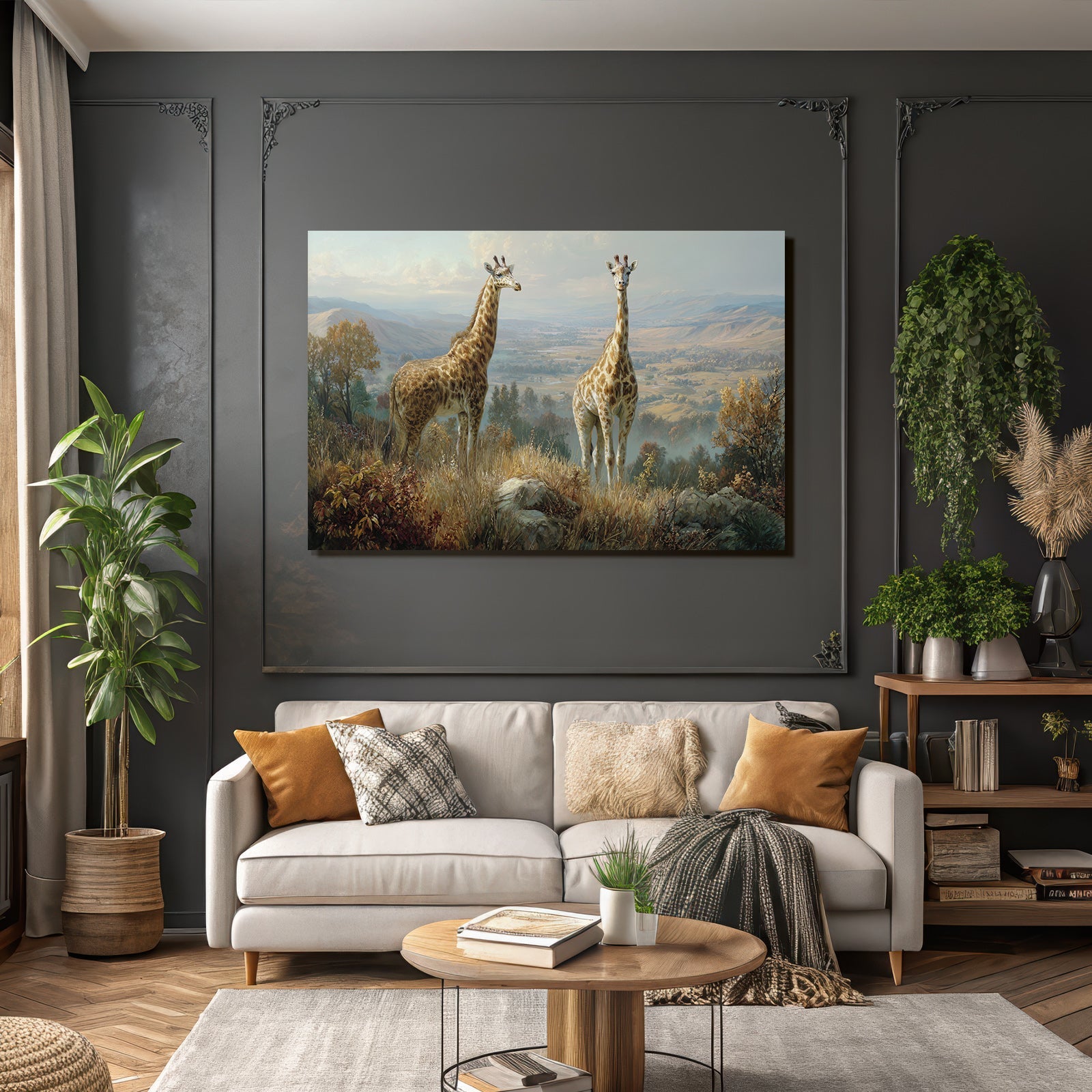 Giraffen In Einer Szenischen Landschaft Mit Bäumen Und Bergen