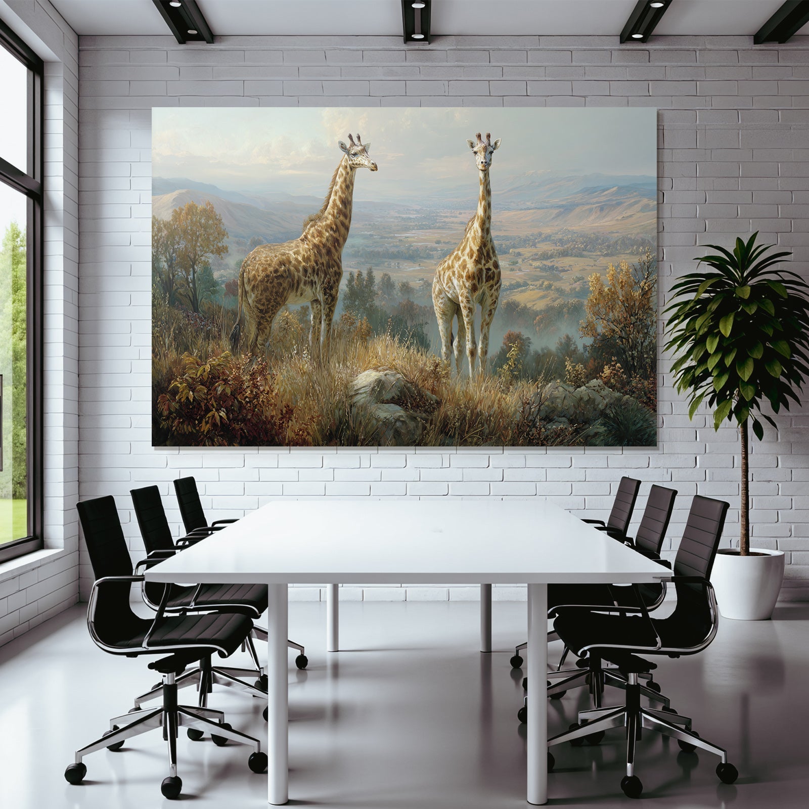 Giraffen In Einer Szenischen Landschaft Mit Bäumen Und Bergen