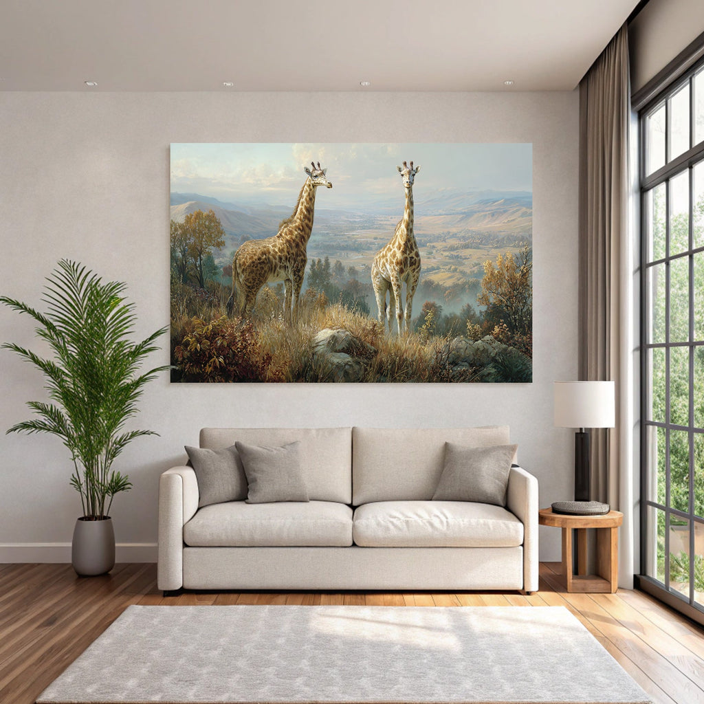 Giraffen In Einer Szenischen Landschaft Mit Bäumen Und Bergen