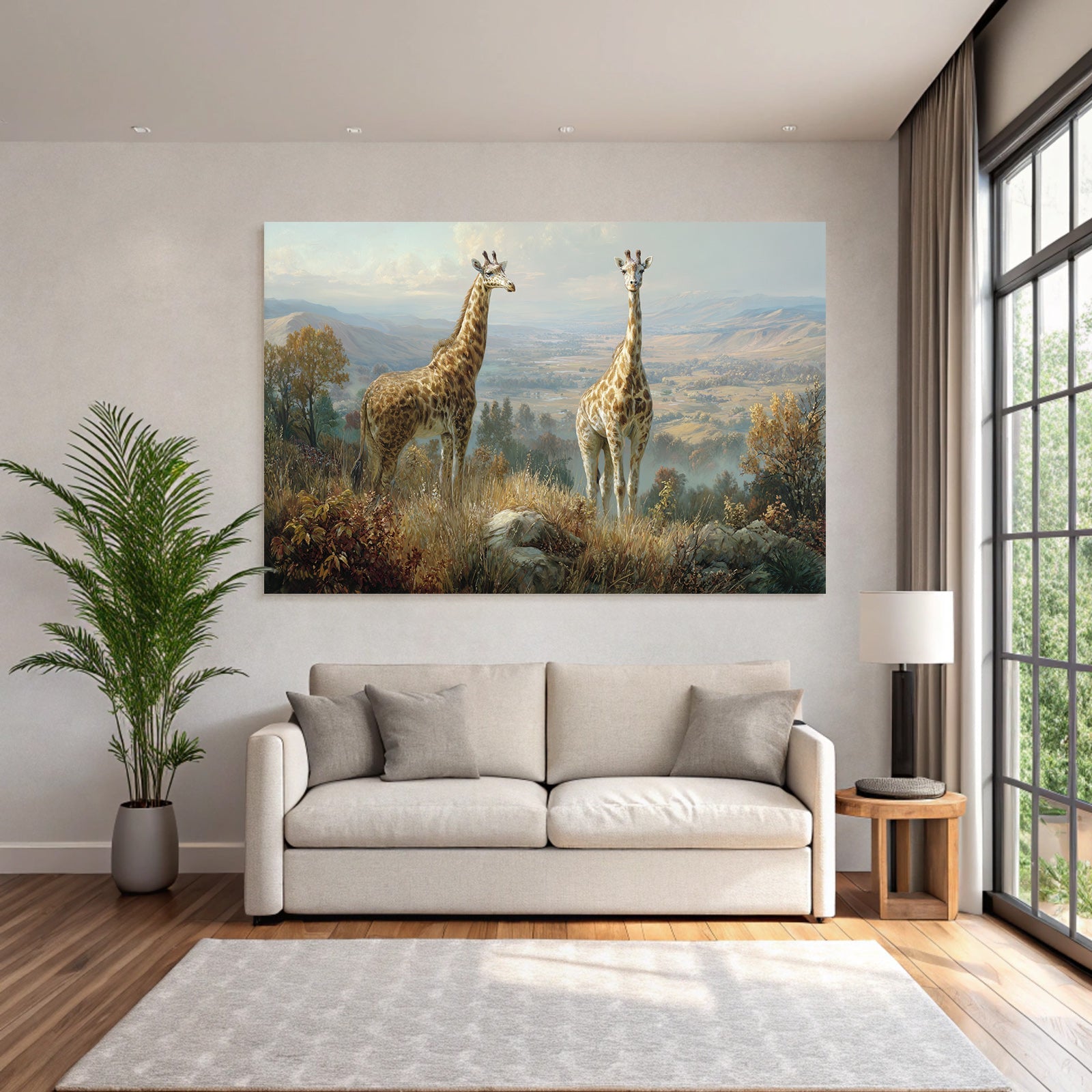 Giraffen In Einer Szenischen Landschaft Mit Bäumen Und Bergen