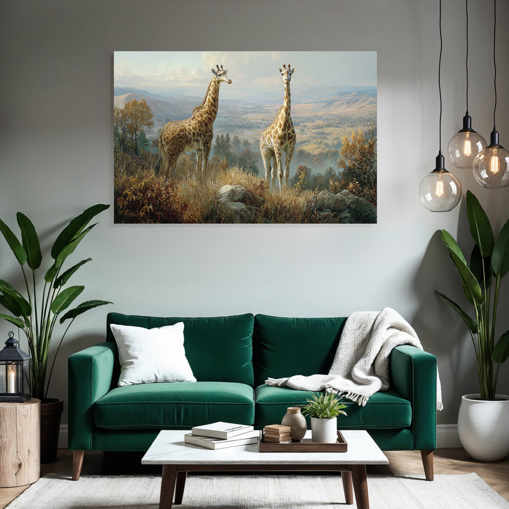 Giraffen In Einer Szenischen Landschaft Mit Bäumen Und Bergen