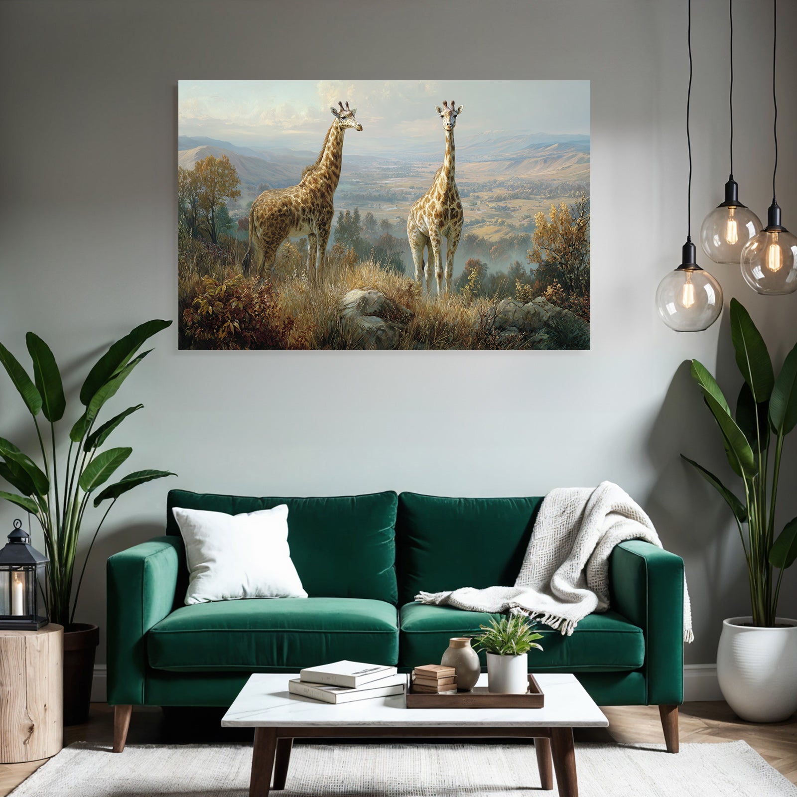Giraffen In Einer Szenischen Landschaft Mit Bäumen Und Bergen
