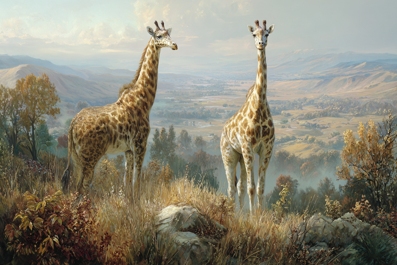 Giraffen In Einer Szenischen Landschaft Mit Bäumen Und Bergen | Safari und Wildtiere | Tiere