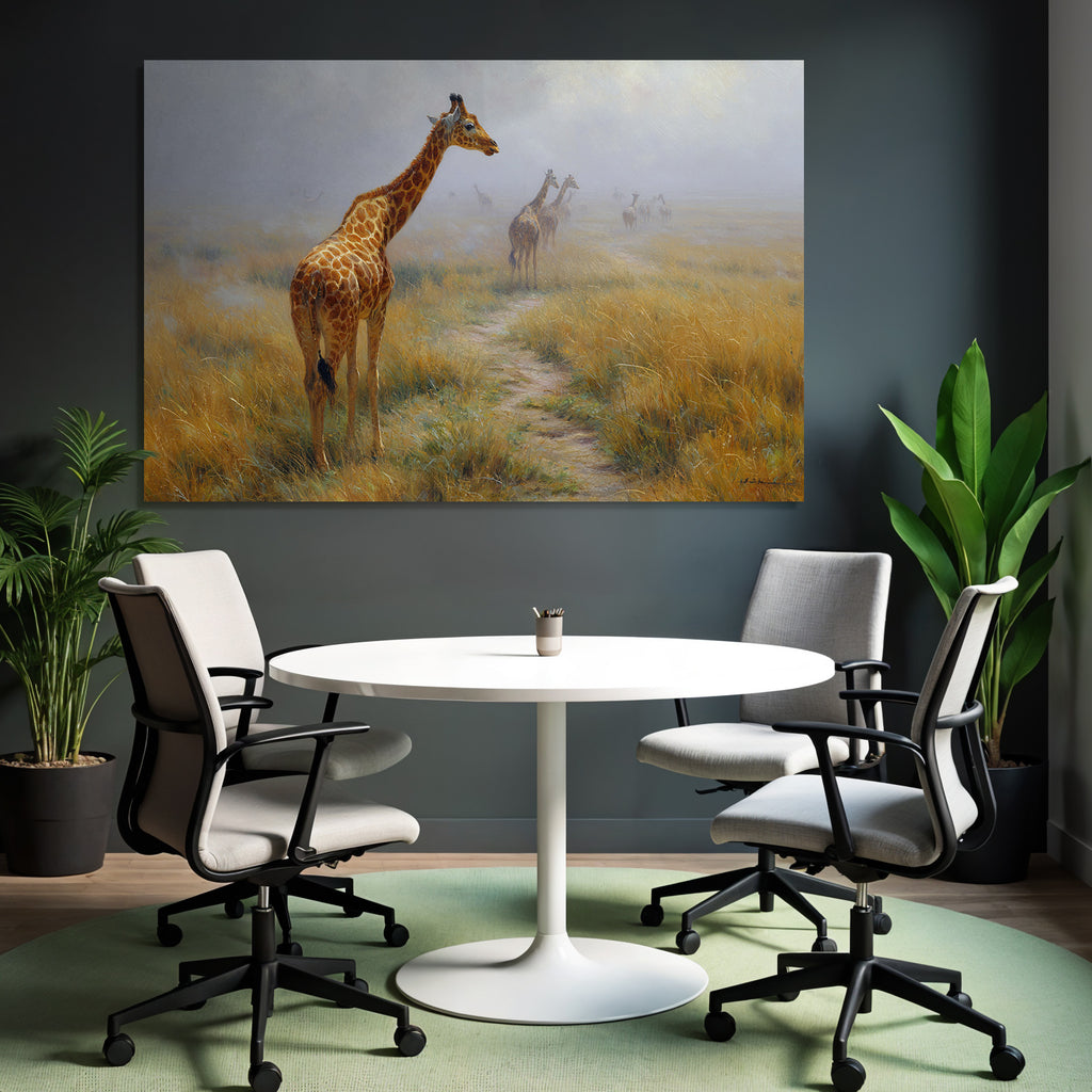 Giraffen In Nebelhaftem Umfeld Auf Einem Pfad Im Naturlichen Landschaft