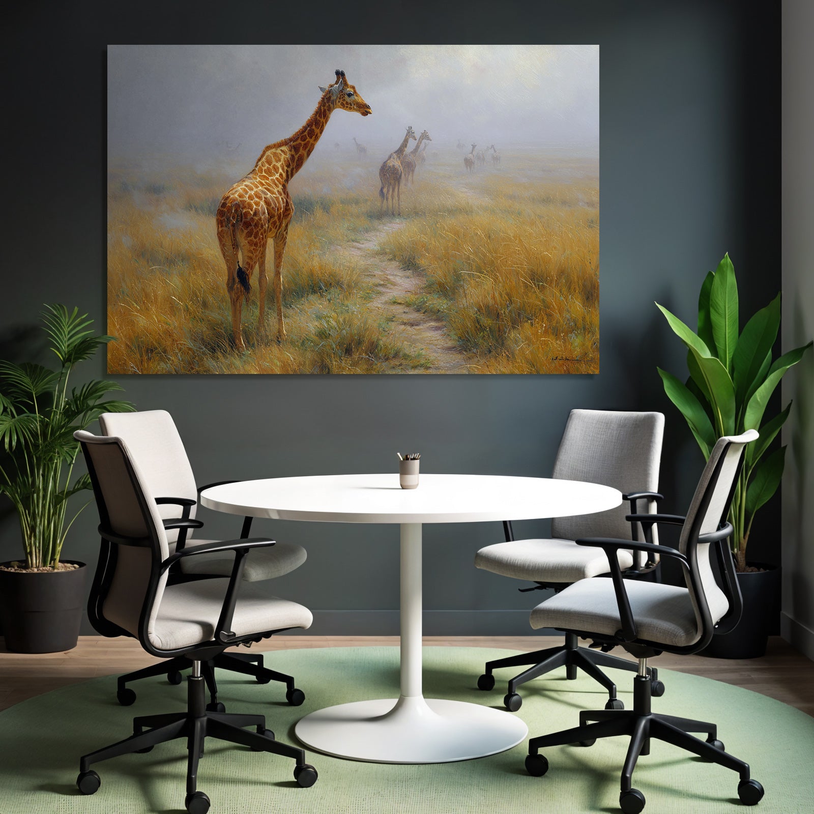 Giraffen In Nebelhaftem Umfeld Auf Einem Pfad Im Naturlichen Landschaft