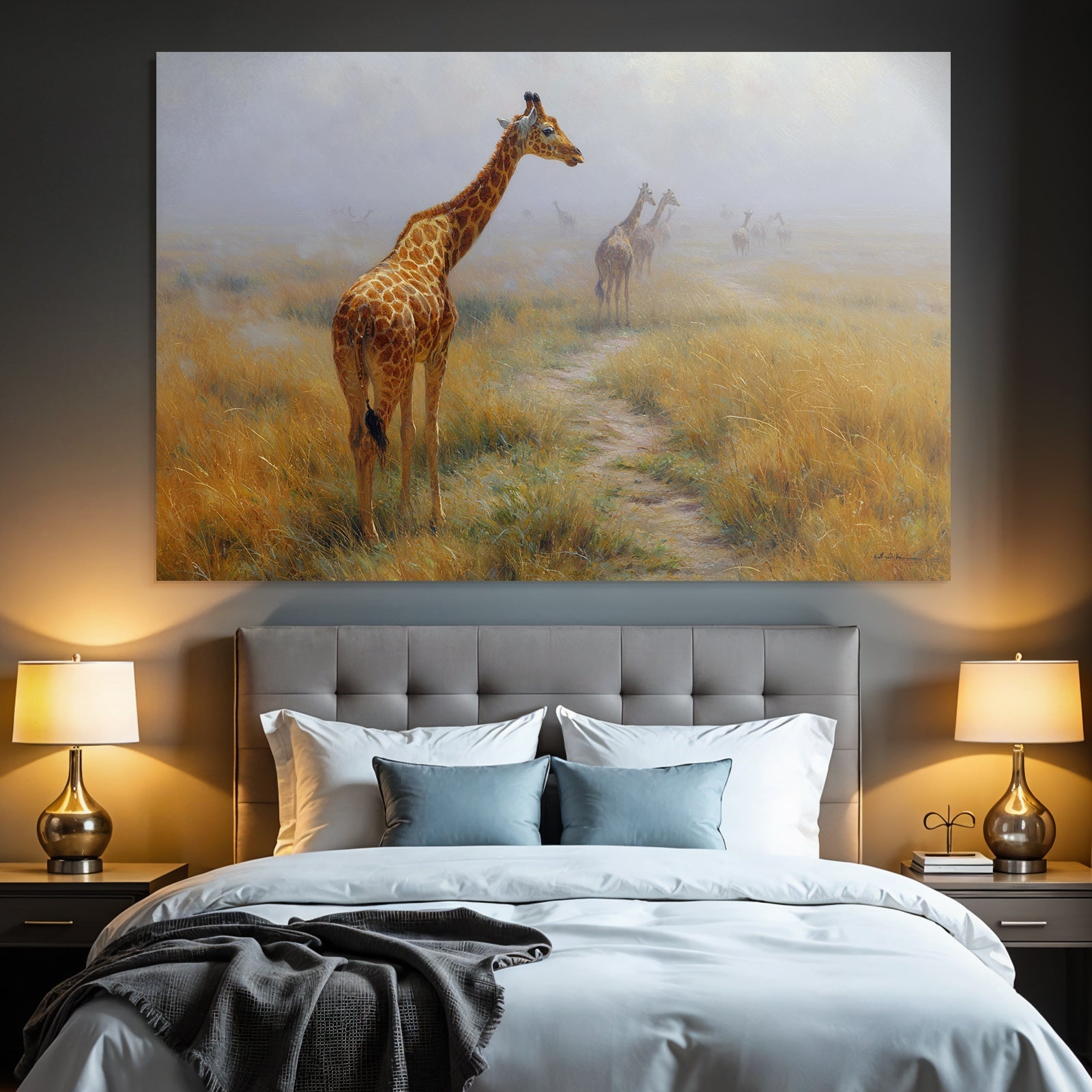 Giraffen In Nebelhaftem Umfeld Auf Einem Pfad Im Naturlichen Landschaft