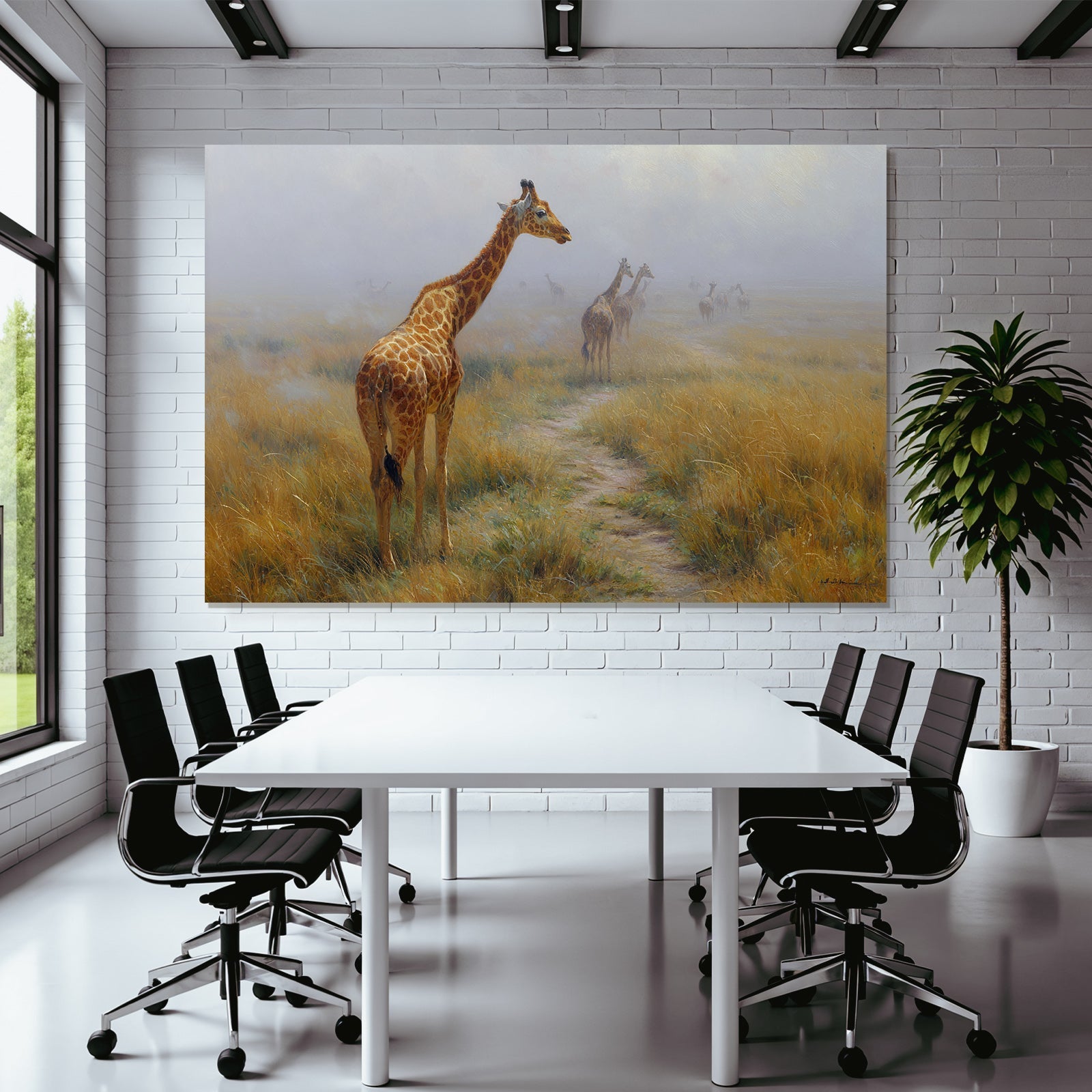 Giraffen In Nebelhaftem Umfeld Auf Einem Pfad Im Naturlichen Landschaft