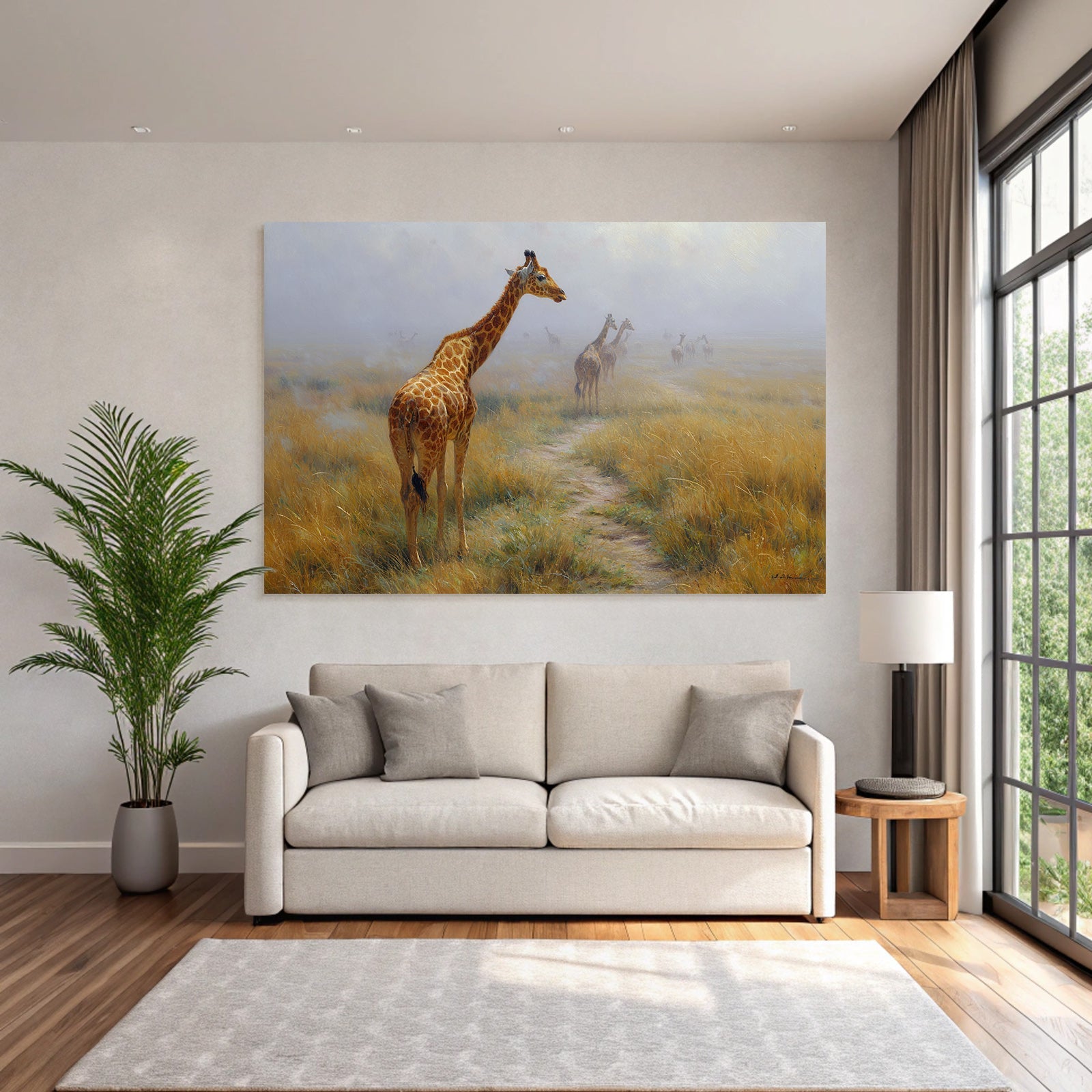 Giraffen In Nebelhaftem Umfeld Auf Einem Pfad Im Naturlichen Landschaft