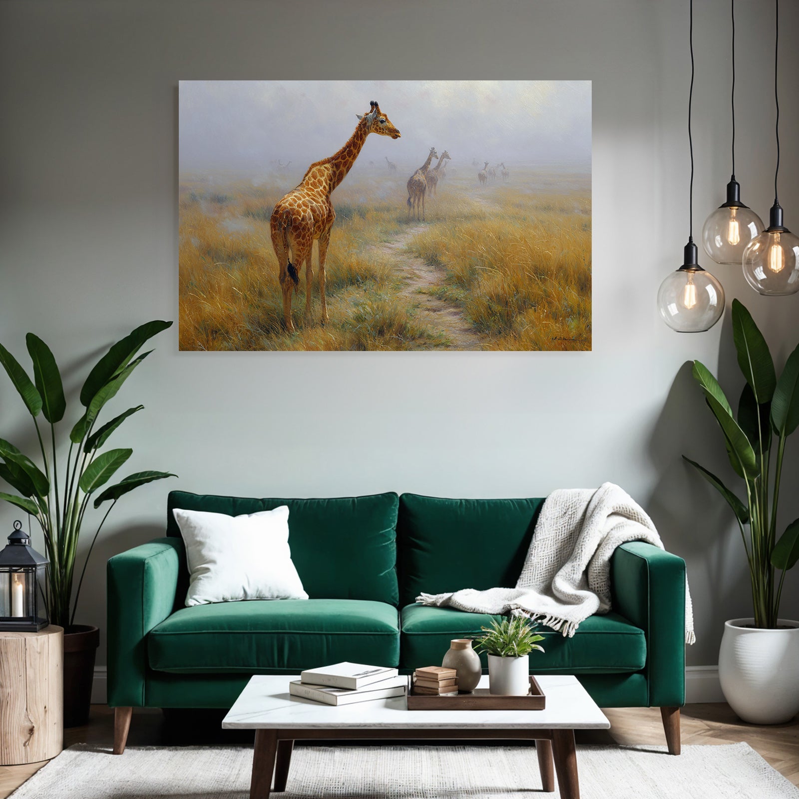 Giraffen In Nebelhaftem Umfeld Auf Einem Pfad Im Naturlichen Landschaft