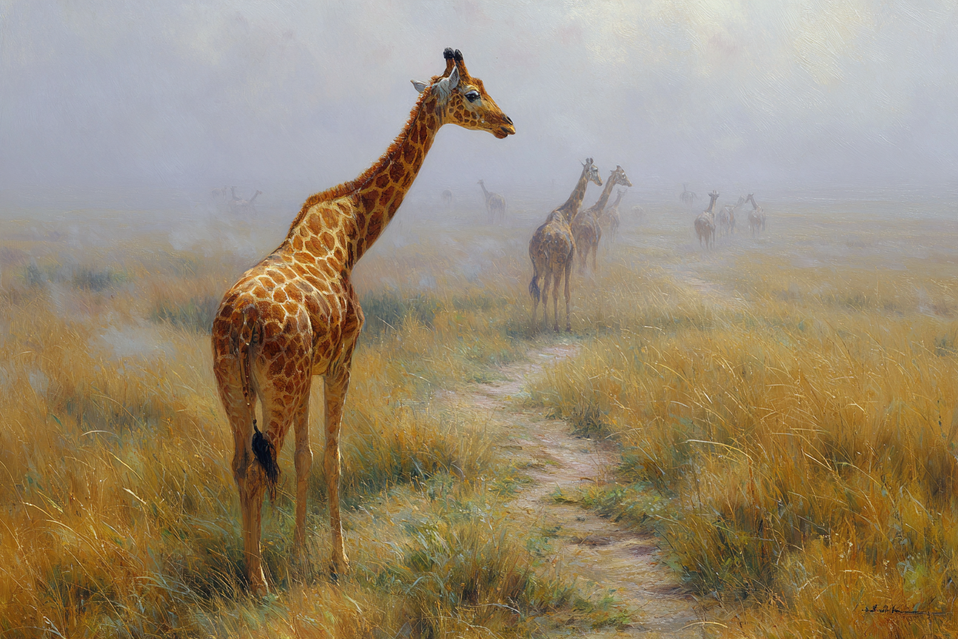 Giraffen In Nebelhaftem Umfeld Auf Einem Pfad Im Naturlichen Landschaft | Safari und Wildtiere | Tiere