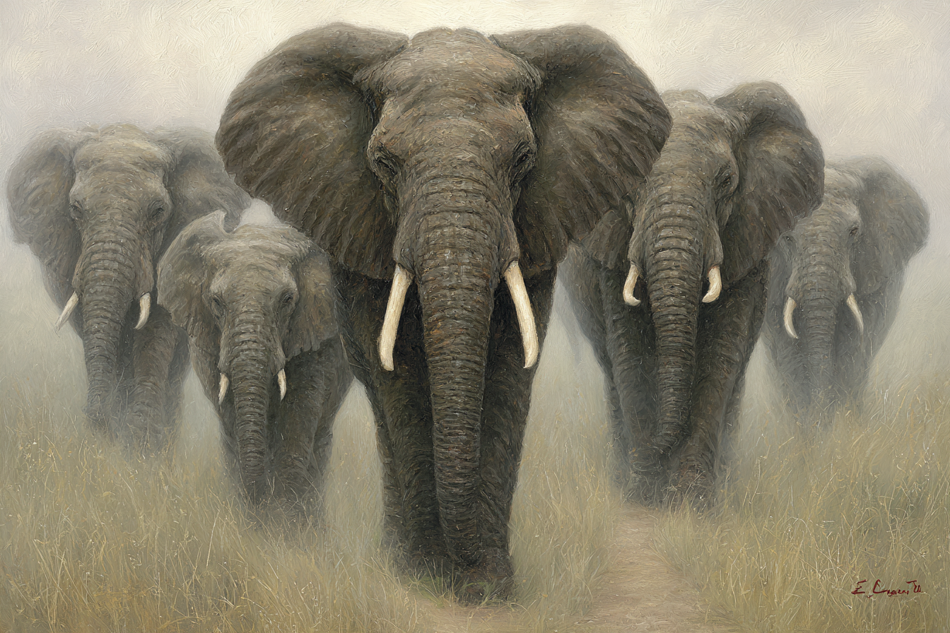 Gruppe Elefanten Im Nebel Realistische Malerei | Safari und Wildtiere | Tiere