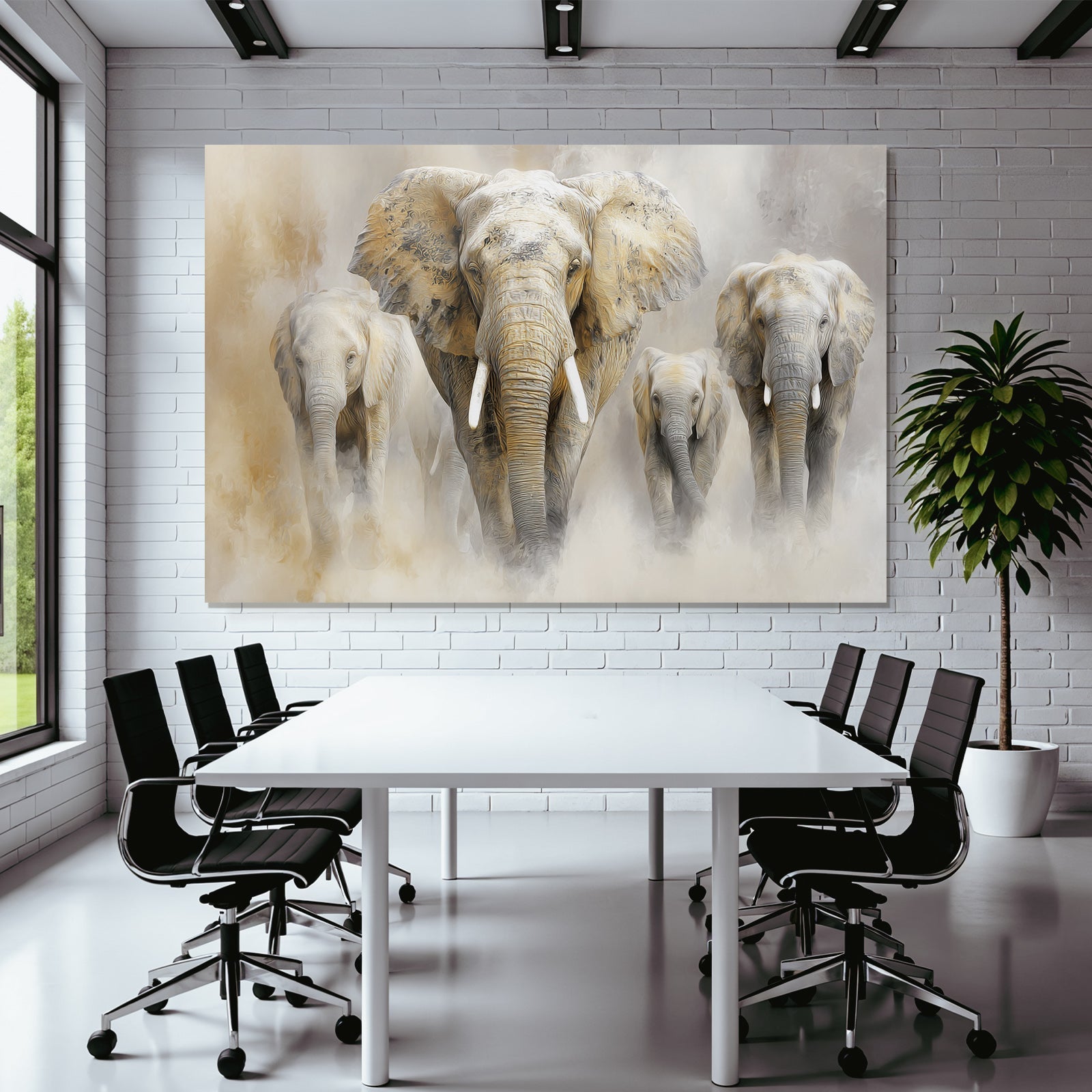 Herde Von Elefanten Im Nebligen Hintergrund Kunstwerk