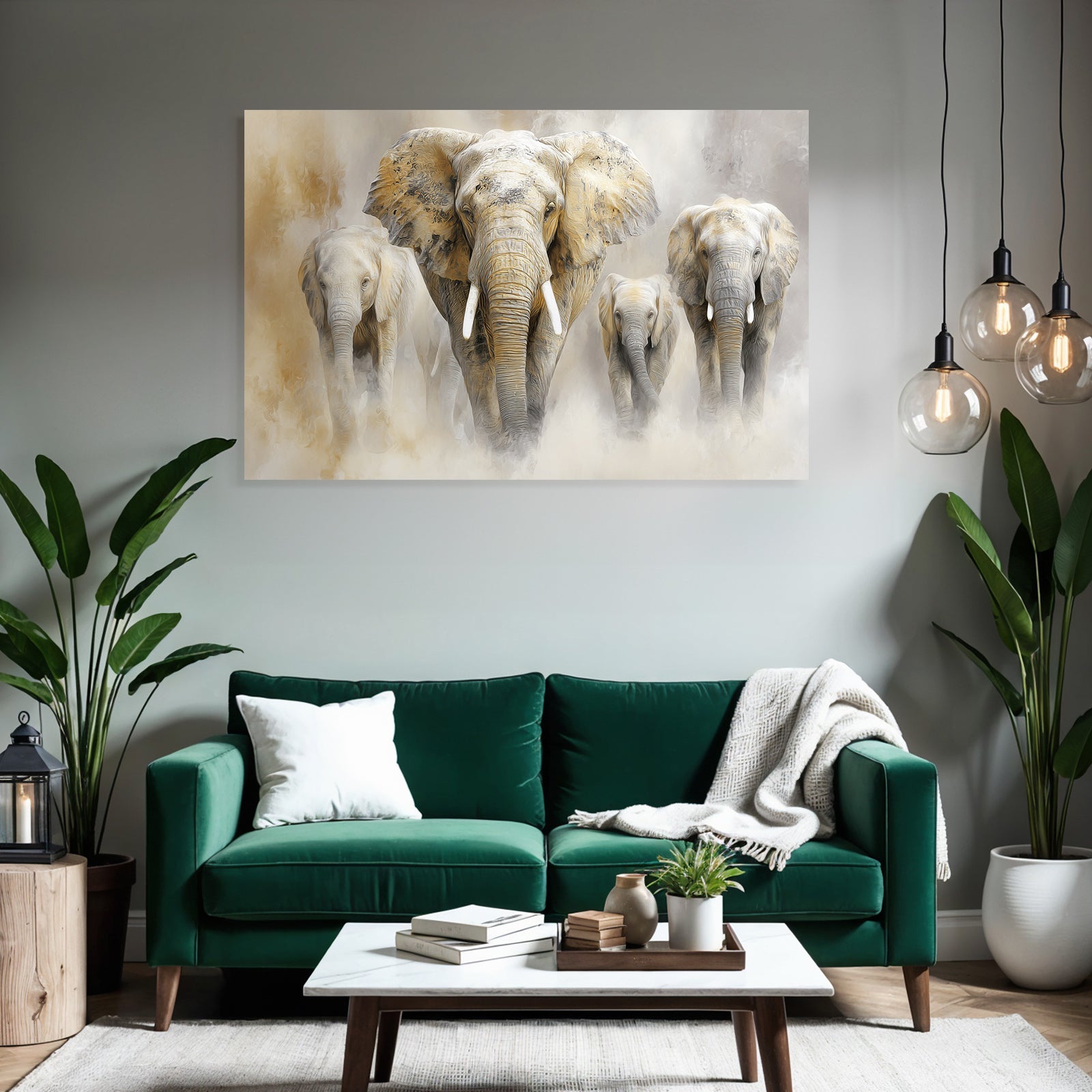Herde Von Elefanten Im Nebligen Hintergrund Kunstwerk