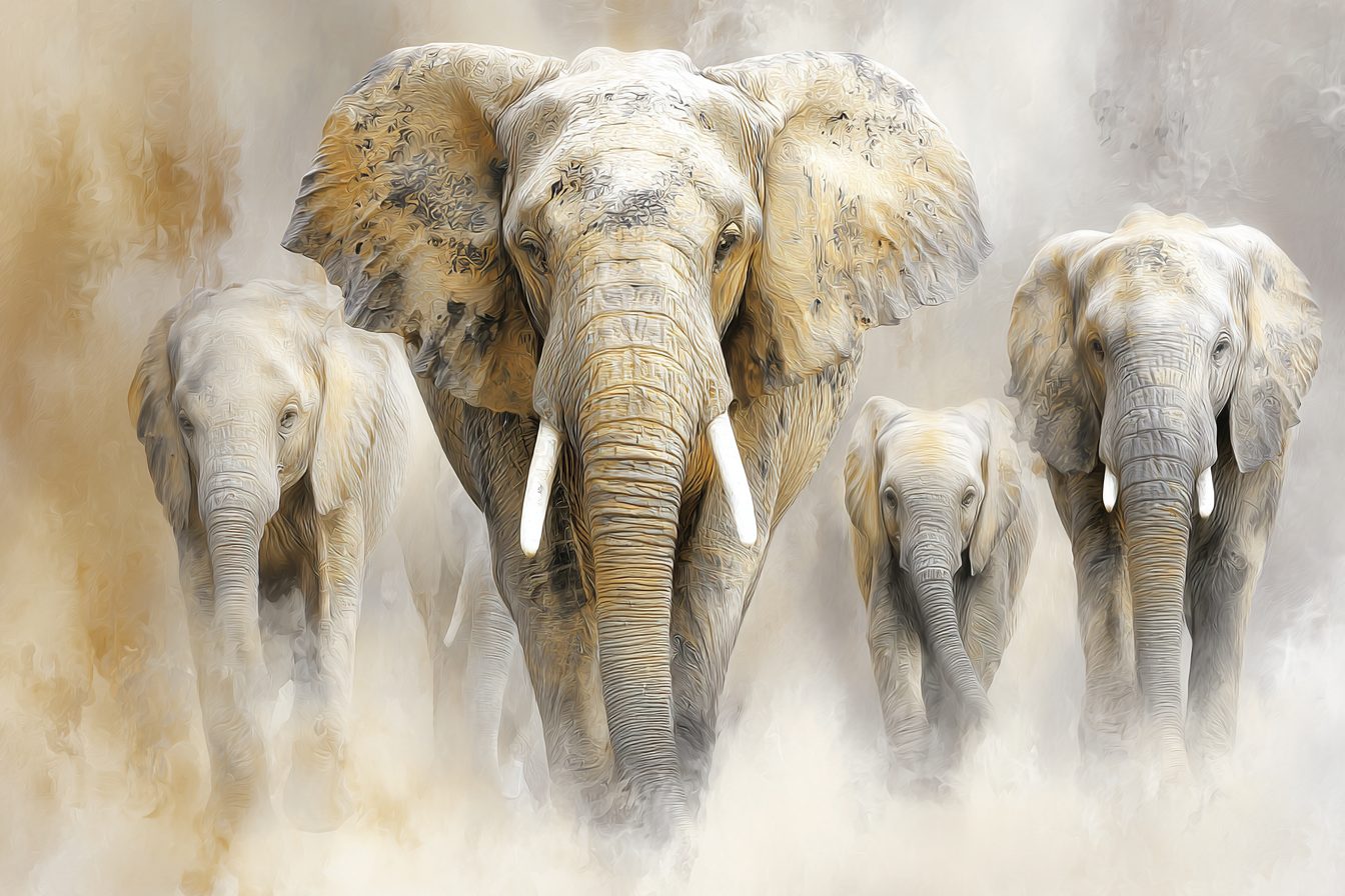 Herde Von Elefanten Im Nebligen Hintergrund Kunstwerk | Safari und Wildtiere | Tiere