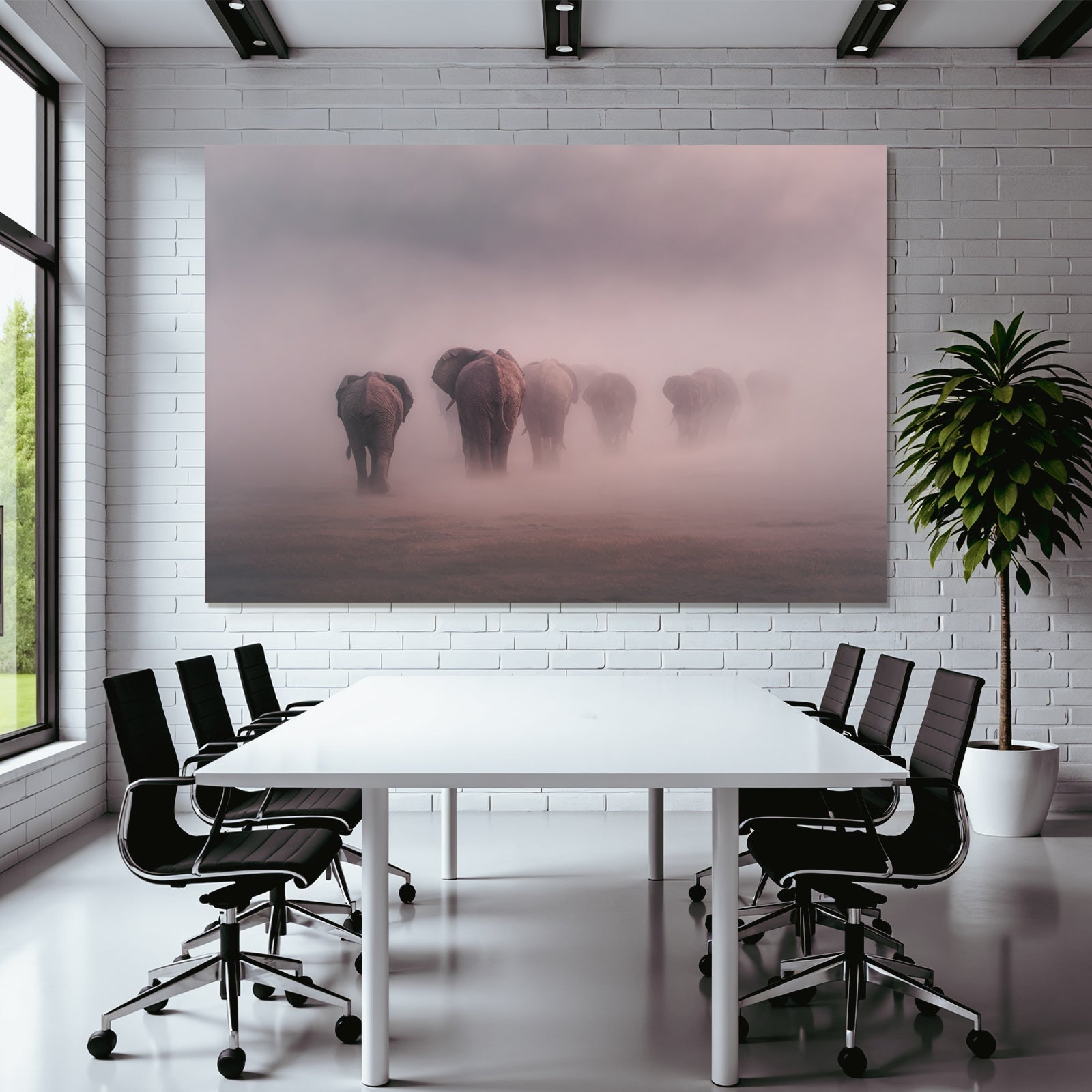 Herde Von Elefanten Im Nebligen Landscape