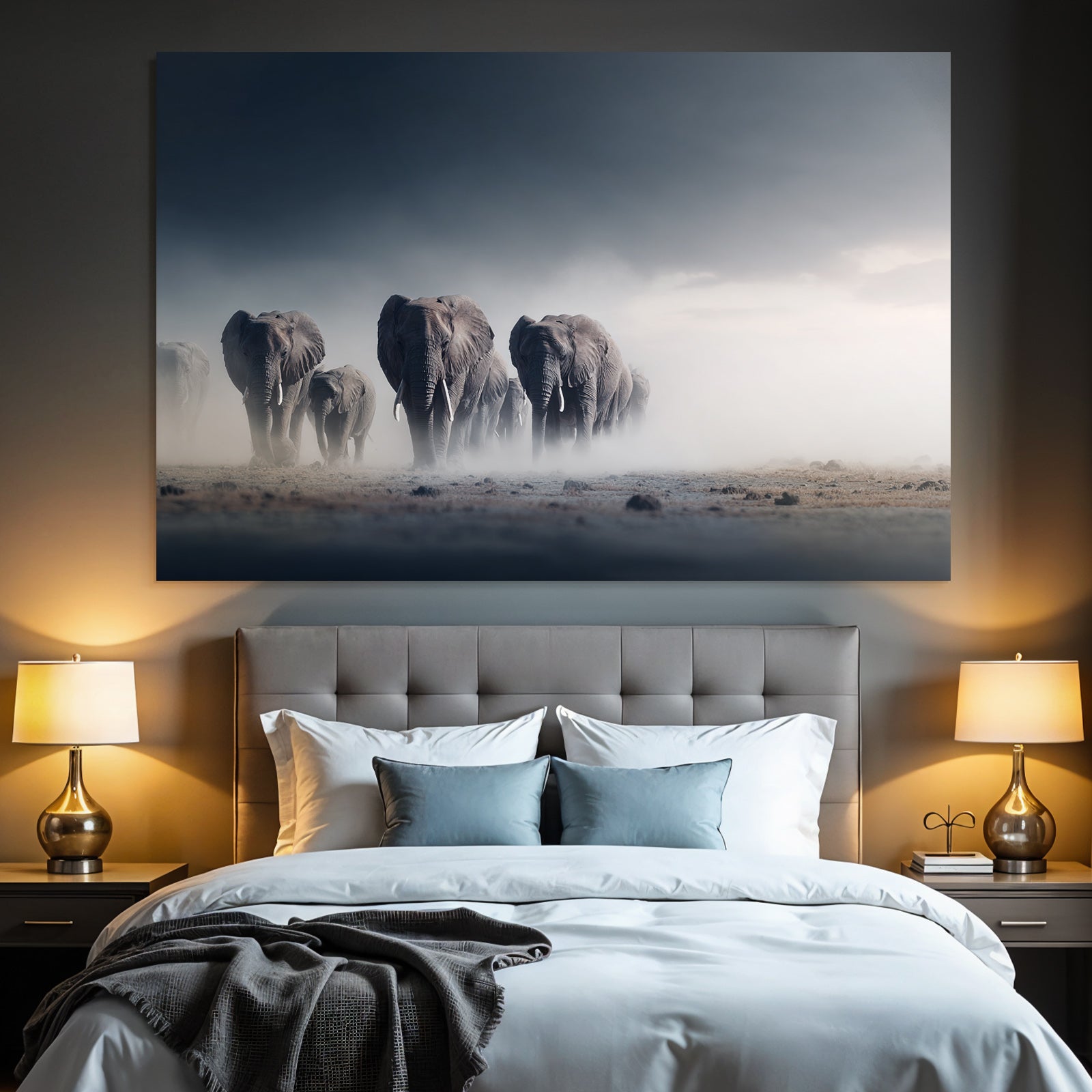 Herde Von Elephanten Im Nebligen Landscape