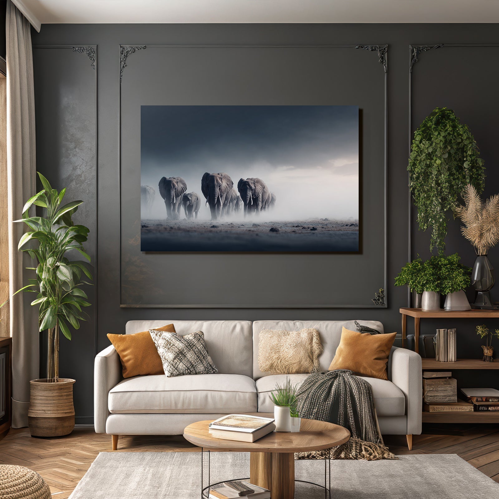 Herde Von Elephanten Im Nebligen Landscape