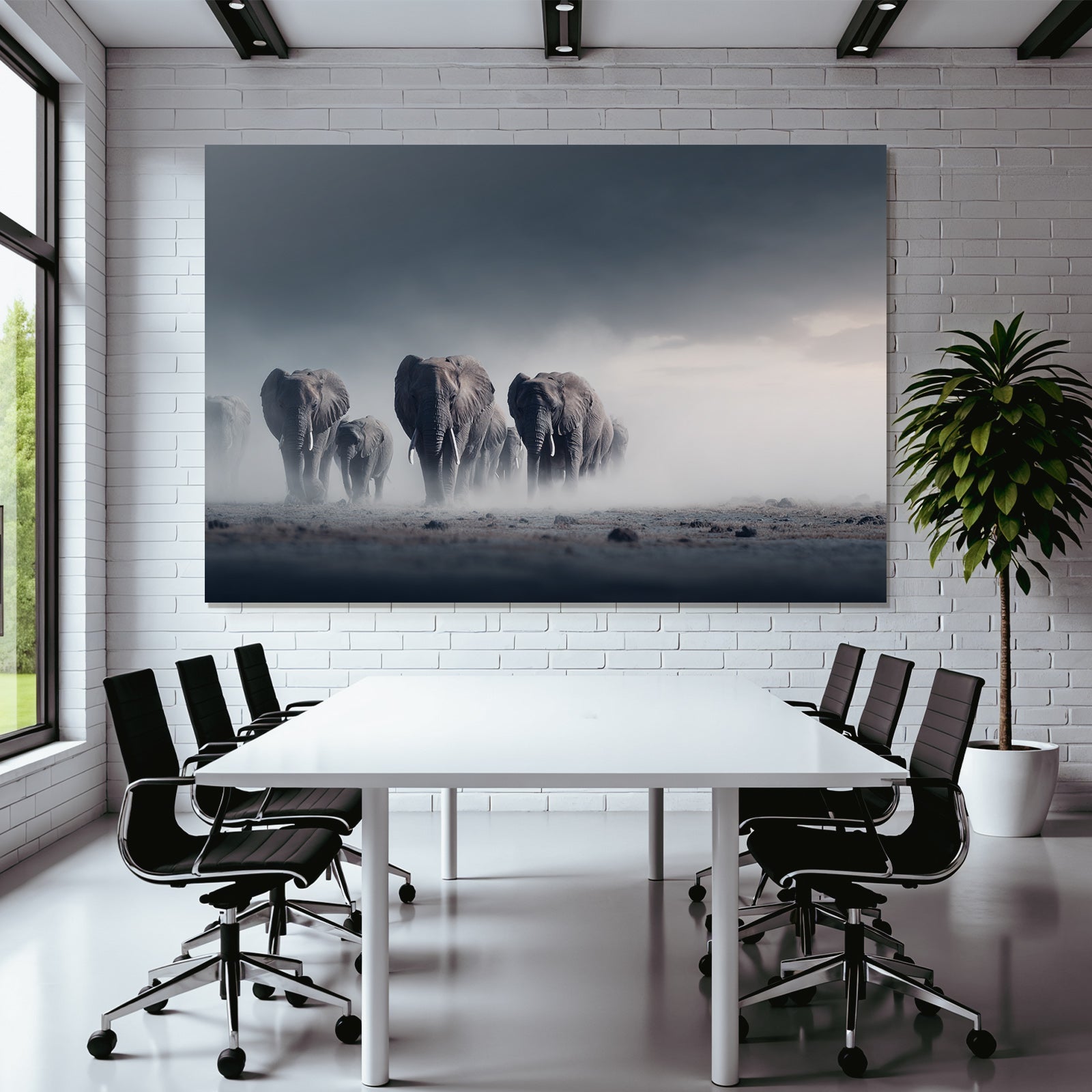 Herde Von Elephanten Im Nebligen Landscape