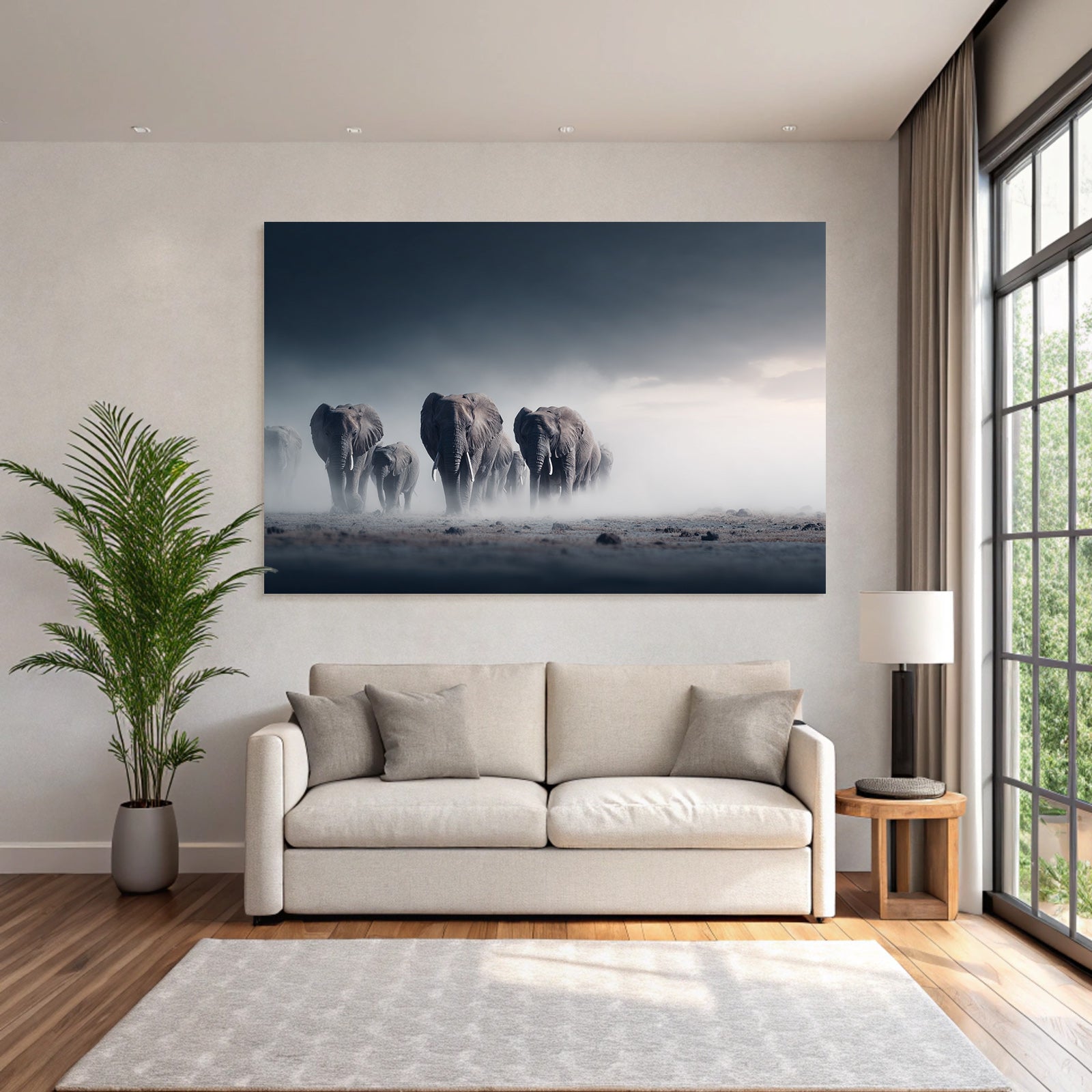 Herde Von Elephanten Im Nebligen Landscape