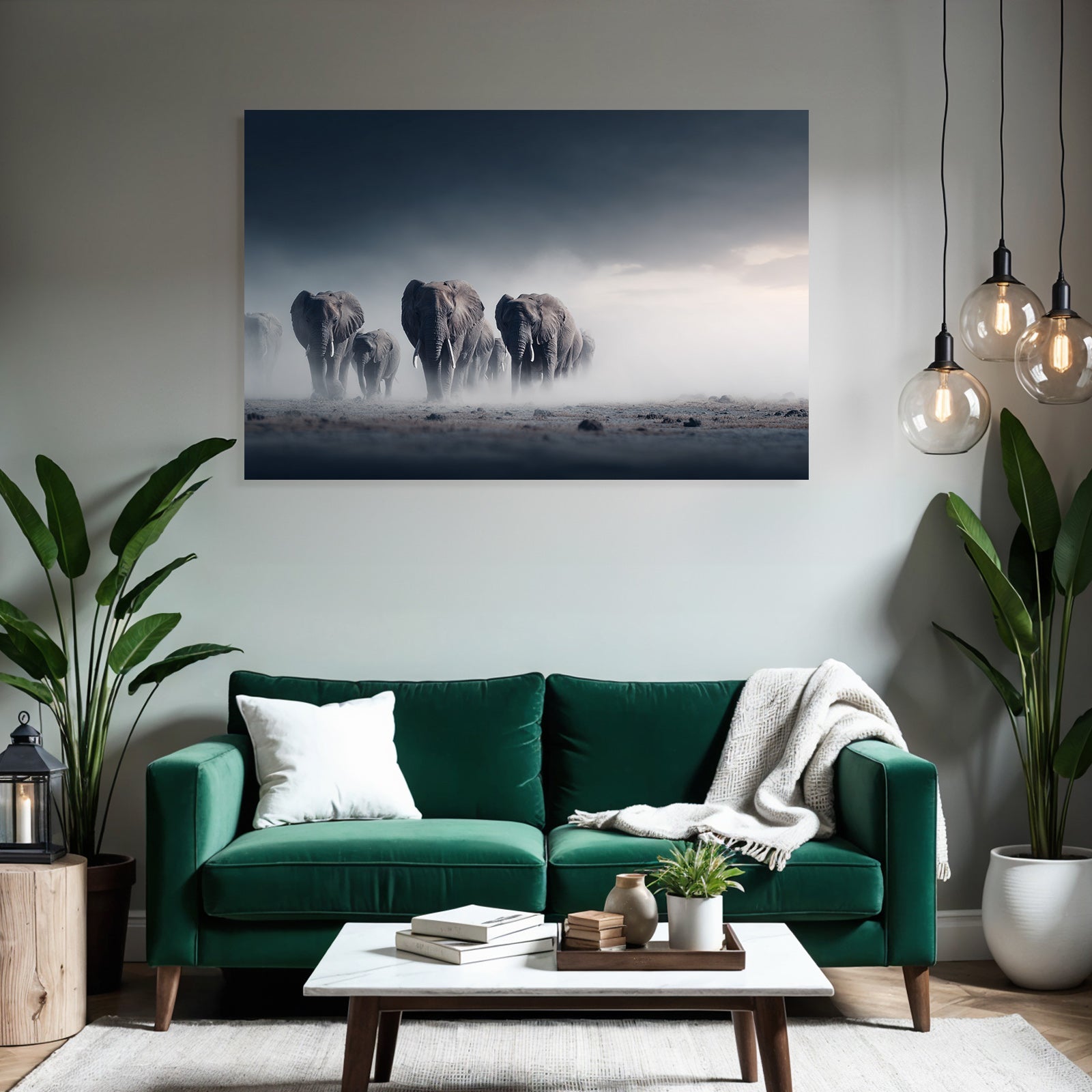 Herde Von Elephanten Im Nebligen Landscape