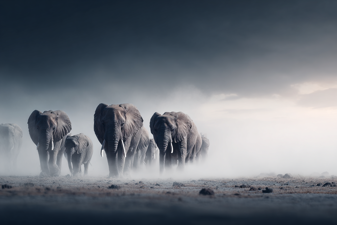 Herde Von Elephanten Im Nebligen Landscape | Safari und Wildtiere | Tiere