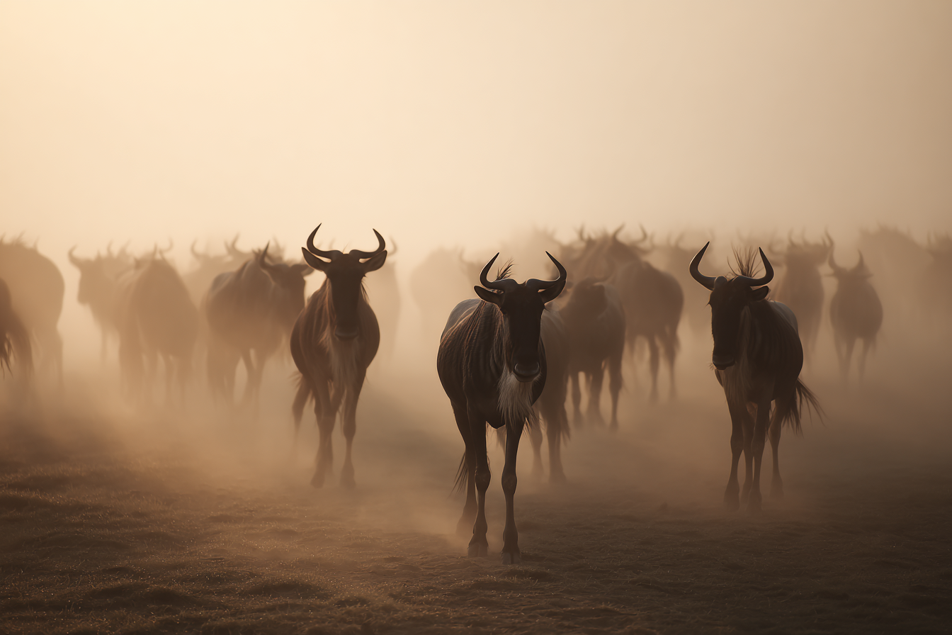 Herde Von Wildbeests Im Nebelhaften Umfeld | Safari und Wildtiere | Tiere