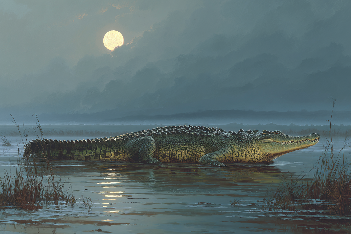 Krokodil Im Wasser Bei Vollmond Stimmungsvolle Szene | Safari und Wildtiere | Tiere