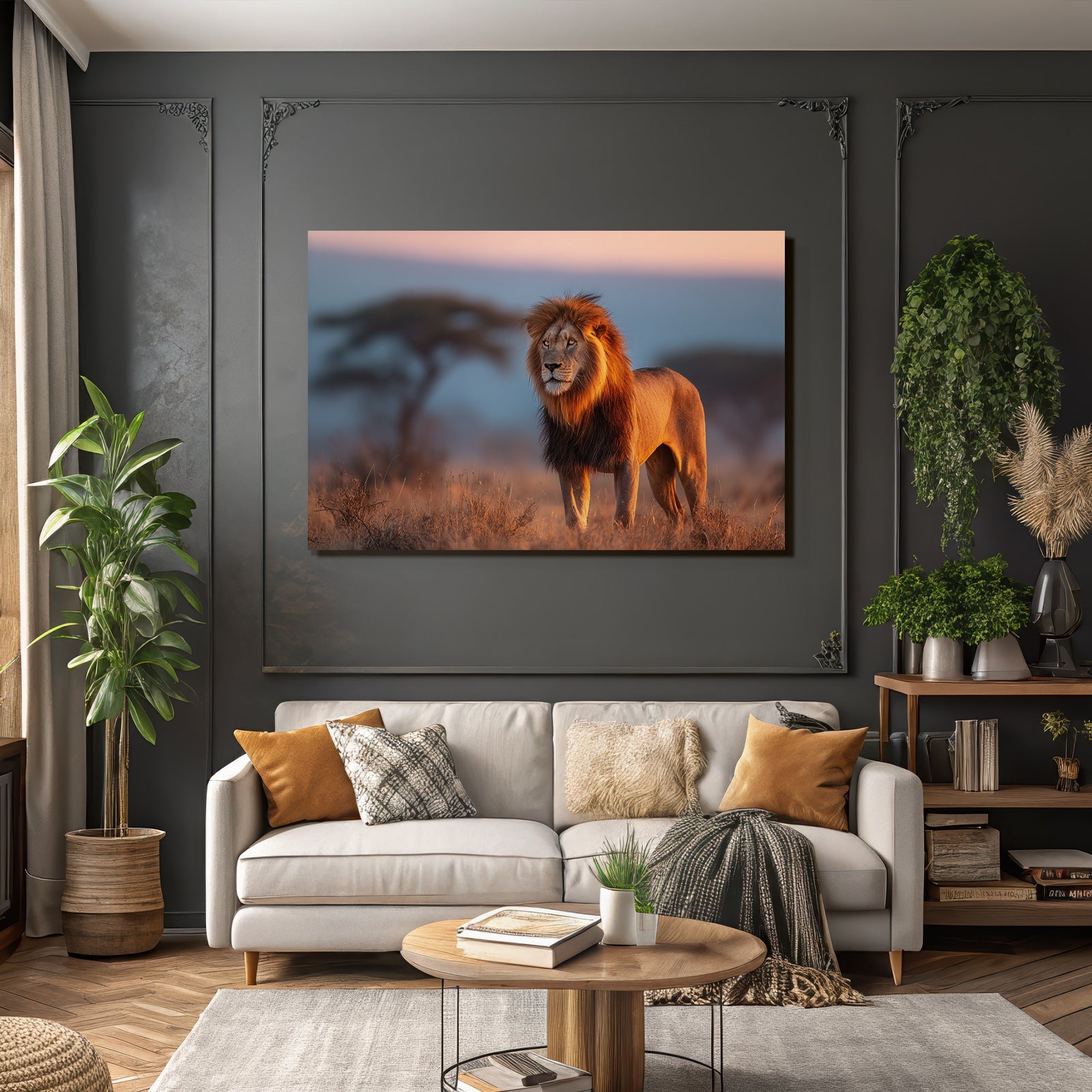 Lion Im Afrikanischen Savanne Bei Sonnenuntergang