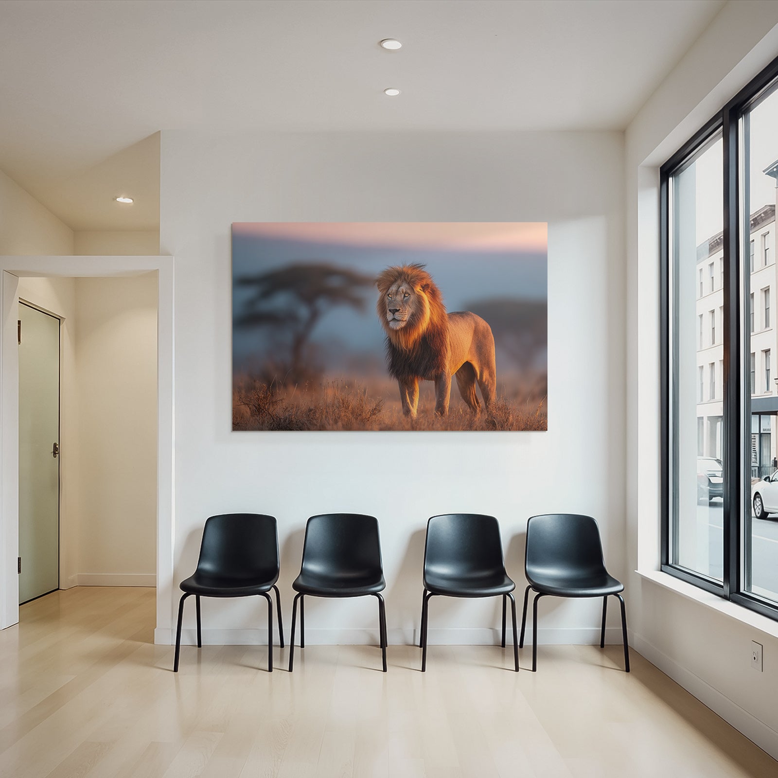 Lion Im Afrikanischen Savanne Bei Sonnenuntergang
