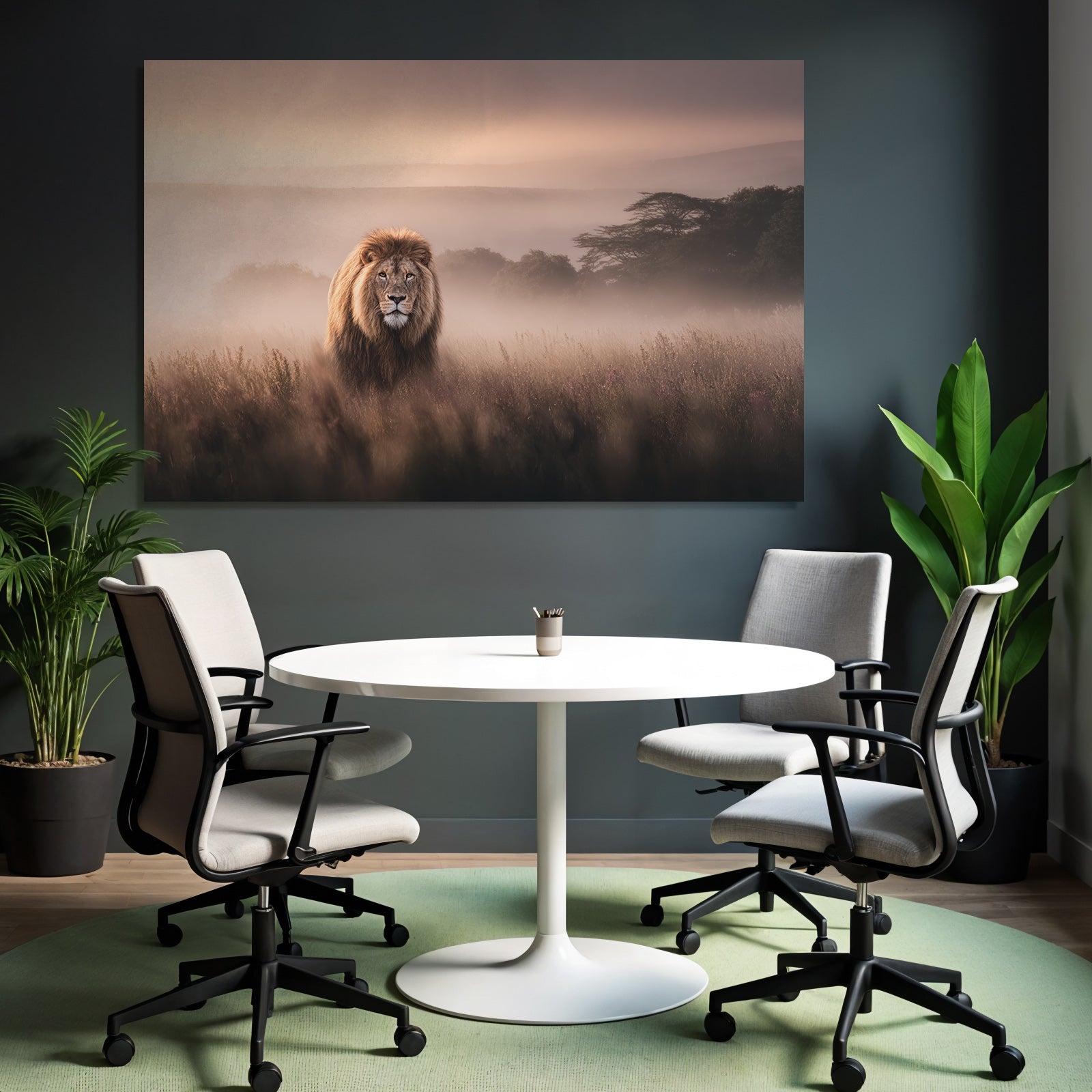 Lion Im Dunstigen Landschaftsbild Bei Dämmerung Mit Weichem Licht