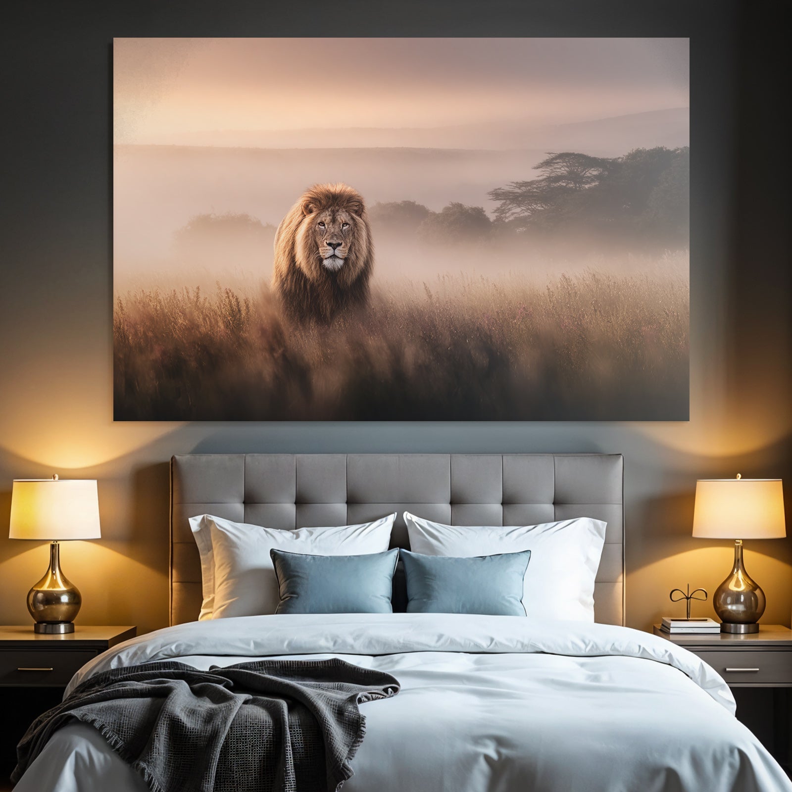 Lion Im Dunstigen Landschaftsbild Bei Dämmerung Mit Weichem Licht