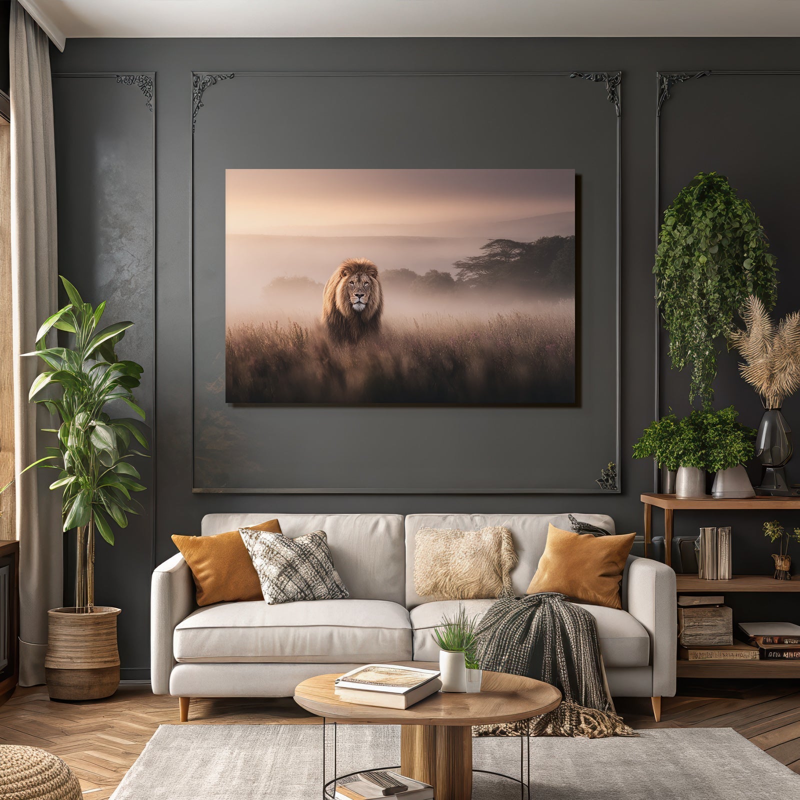 Lion Im Dunstigen Landschaftsbild Bei Dämmerung Mit Weichem Licht