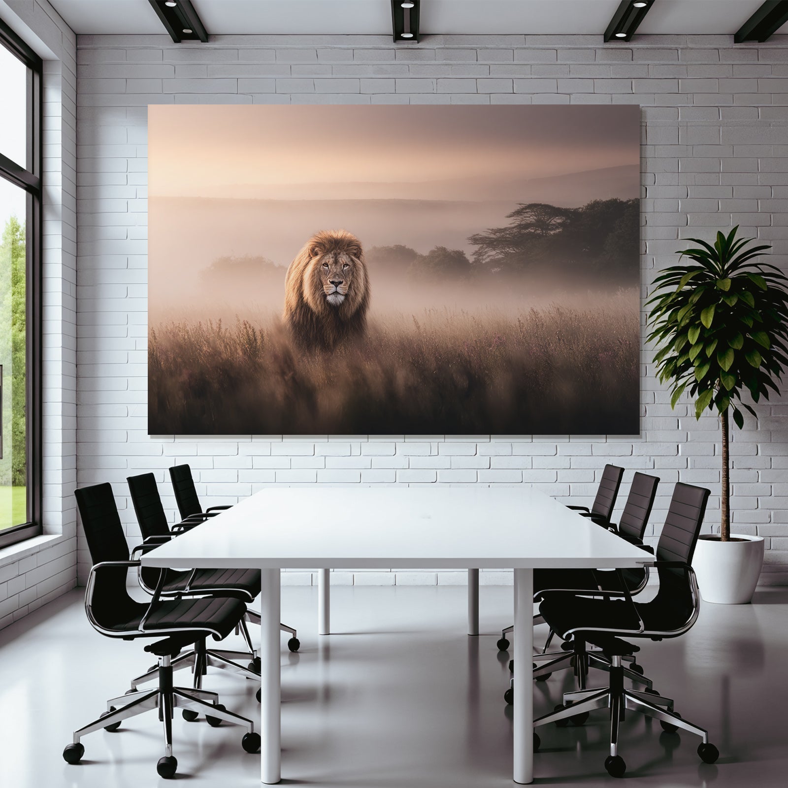 Lion Im Dunstigen Landschaftsbild Bei Dämmerung Mit Weichem Licht