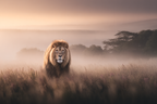 Lion Im Dunstigen Landschaftsbild Bei Dämmerung Mit Weichem Licht | Safari und Wildtiere | Tiere