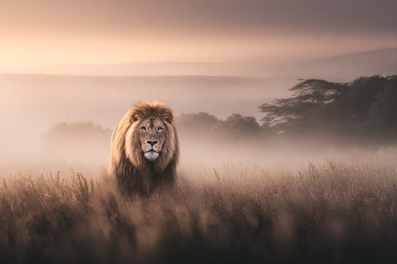 Lion Im Dunstigen Landschaftsbild Bei Dämmerung Mit Weichem Licht | Safari und Wildtiere | Tiere