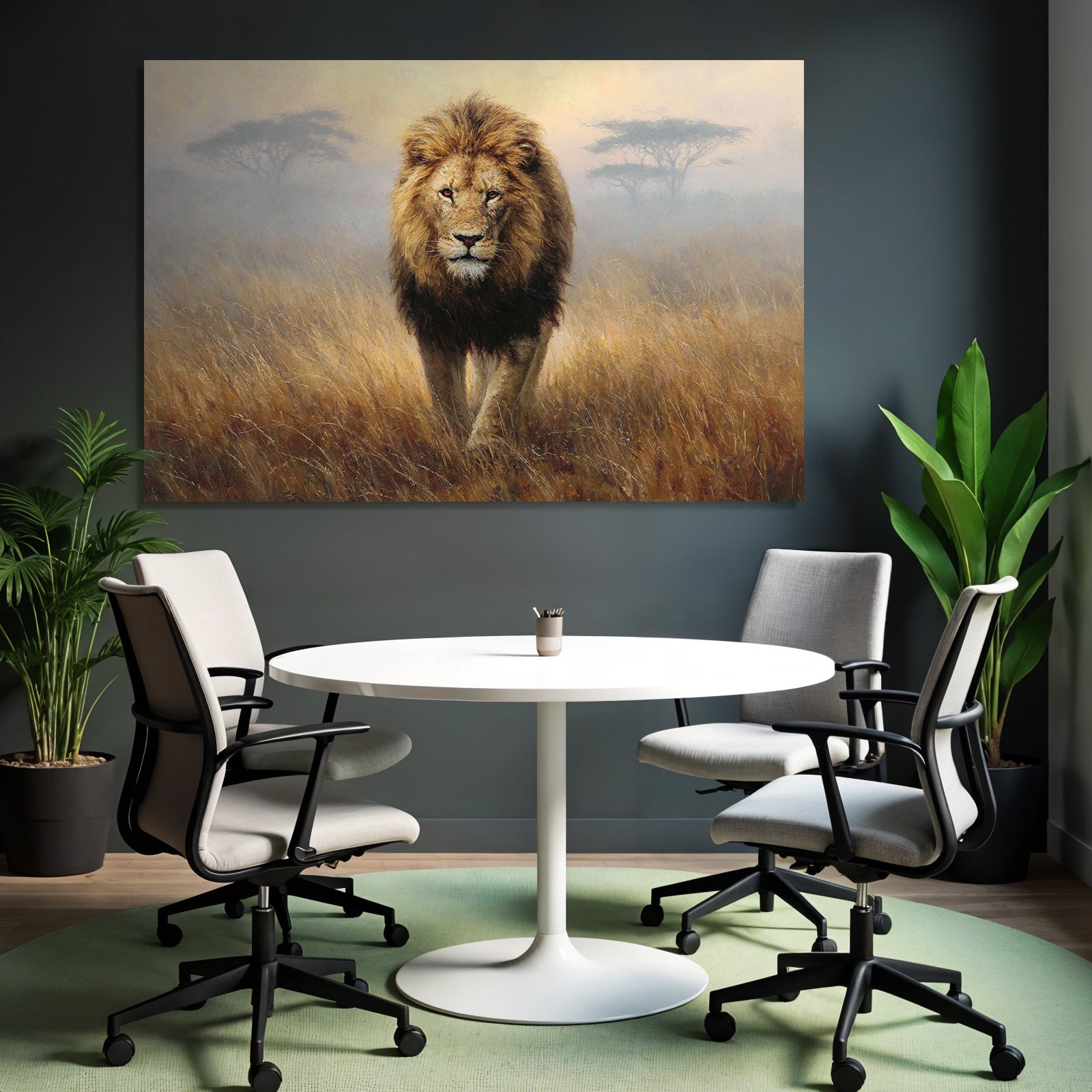 Lion Im Mistigen Graslandscape In Der Früh Oder Spätem Nachmittag