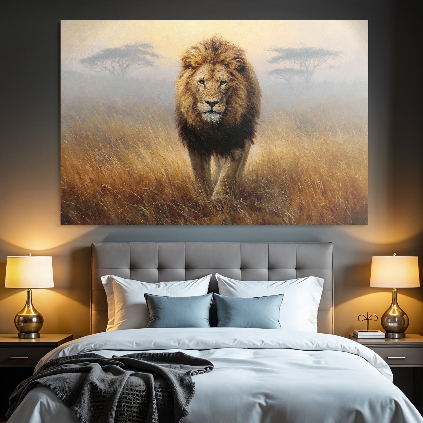 Lion Im Mistigen Graslandscape In Der Früh Oder Spätem Nachmittag