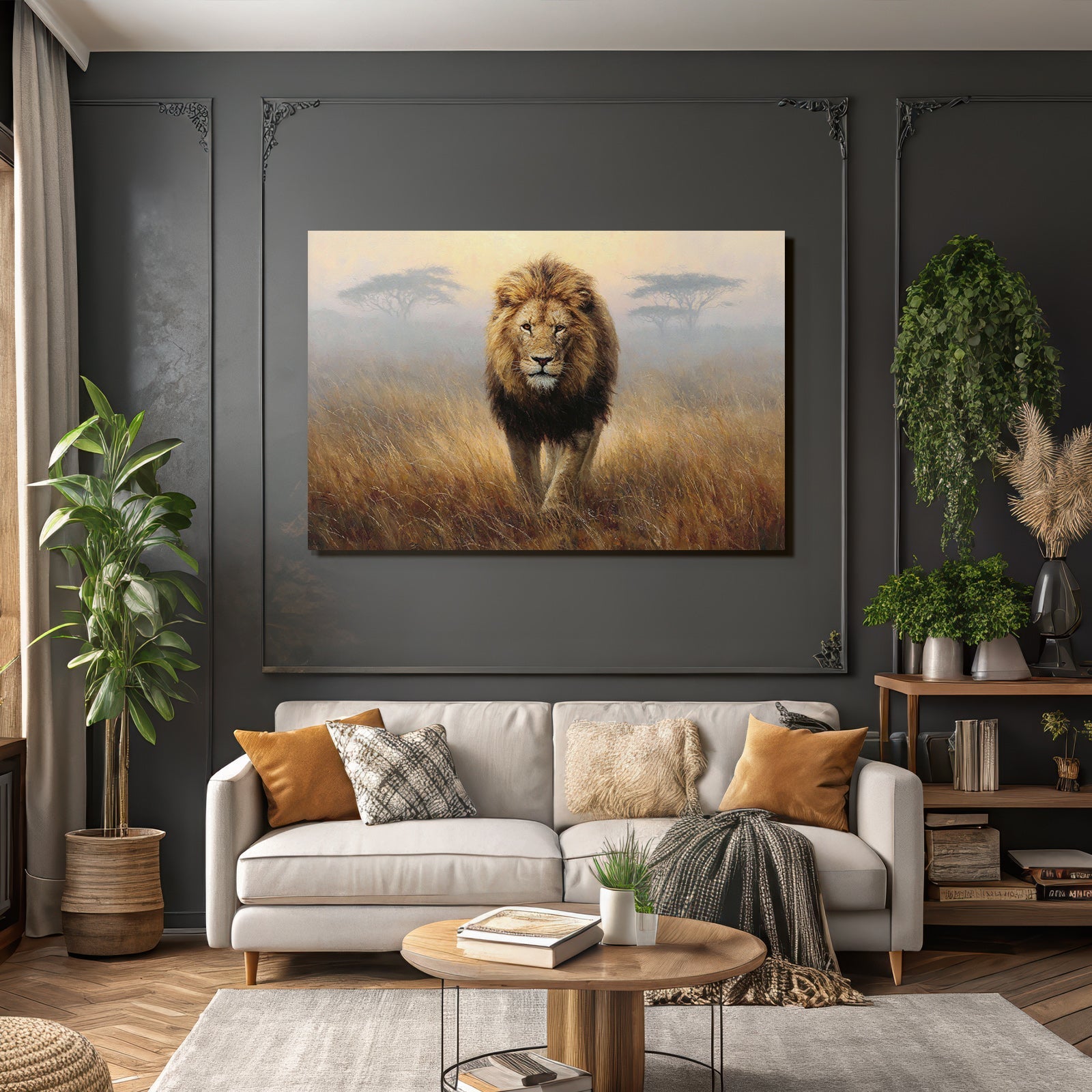 Lion Im Mistigen Graslandscape In Der Früh Oder Spätem Nachmittag