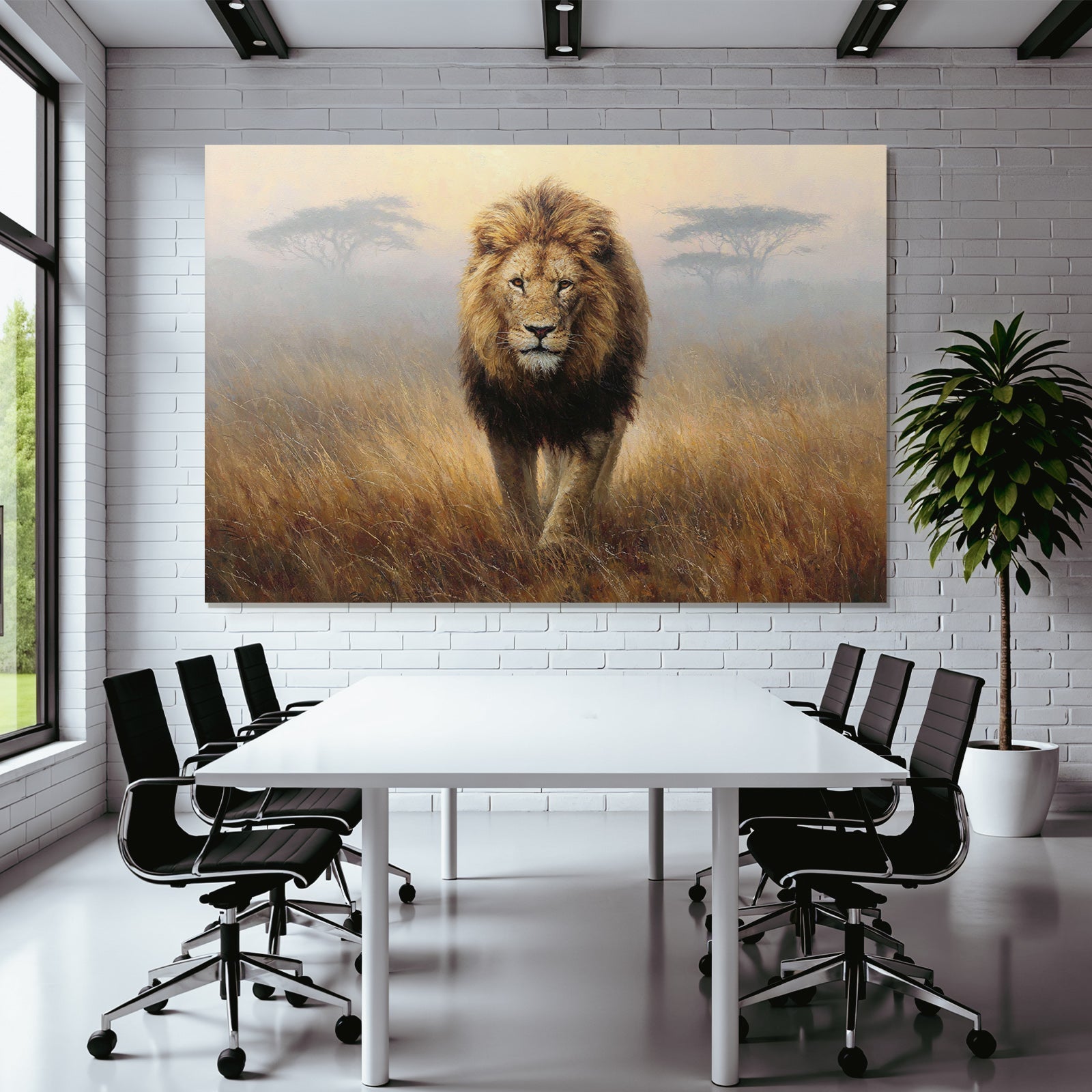 Lion Im Mistigen Graslandscape In Der Früh Oder Spätem Nachmittag