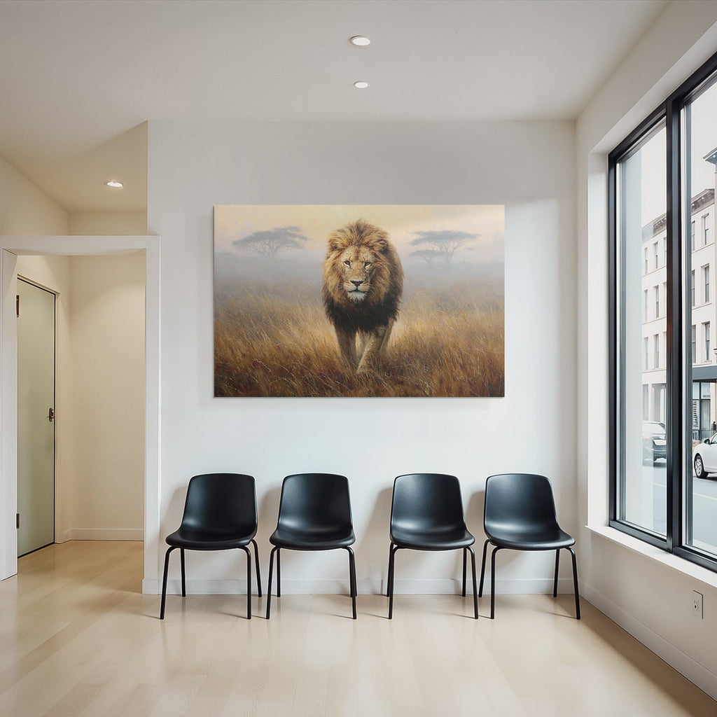 Lion Im Mistigen Graslandscape In Der Früh Oder Spätem Nachmittag