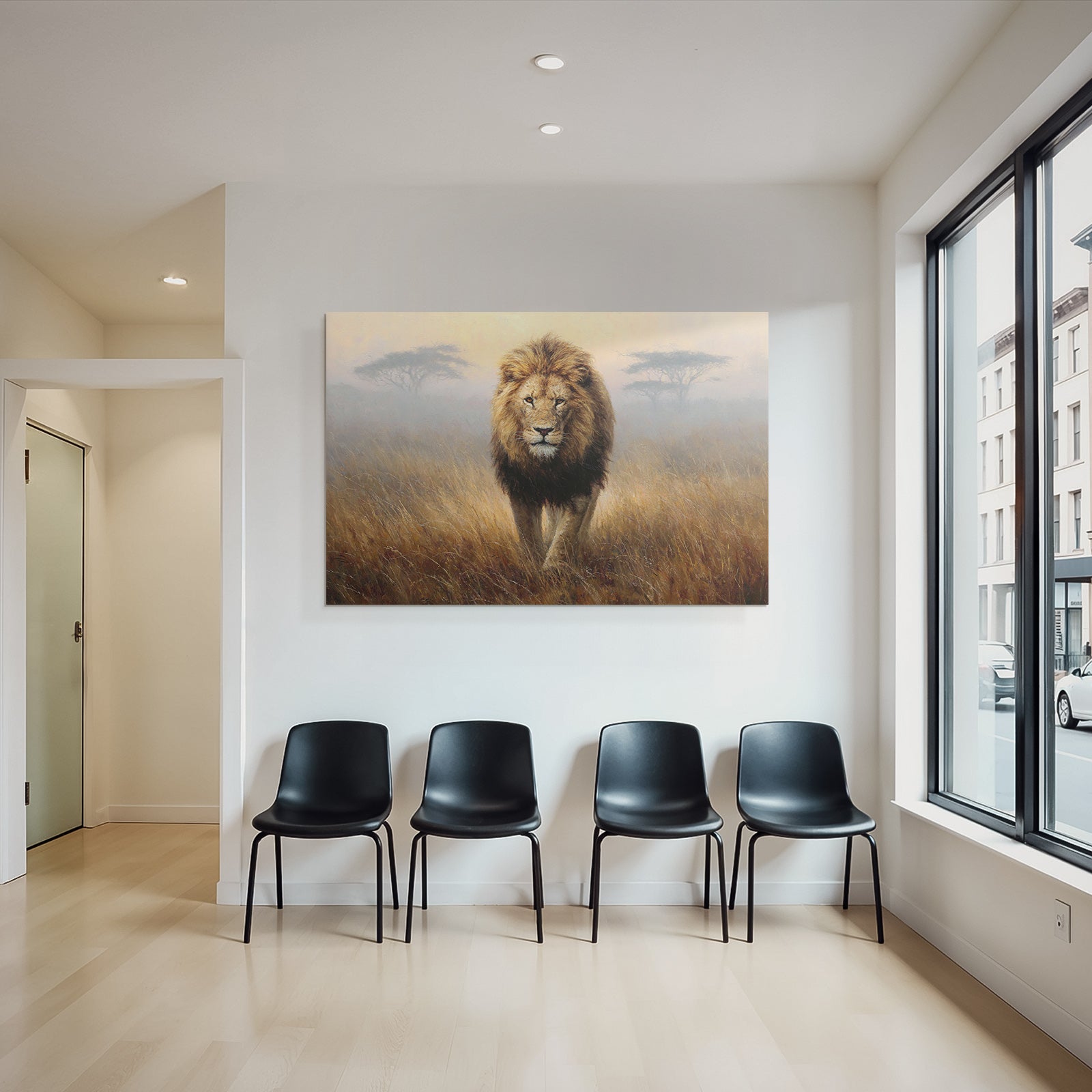 Lion Im Mistigen Graslandscape In Der Früh Oder Spätem Nachmittag