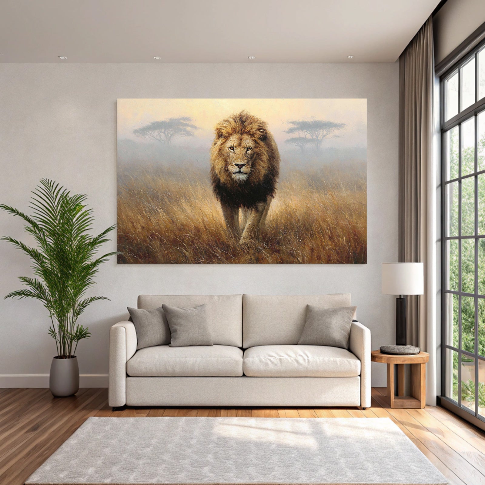 Lion Im Mistigen Graslandscape In Der Früh Oder Spätem Nachmittag