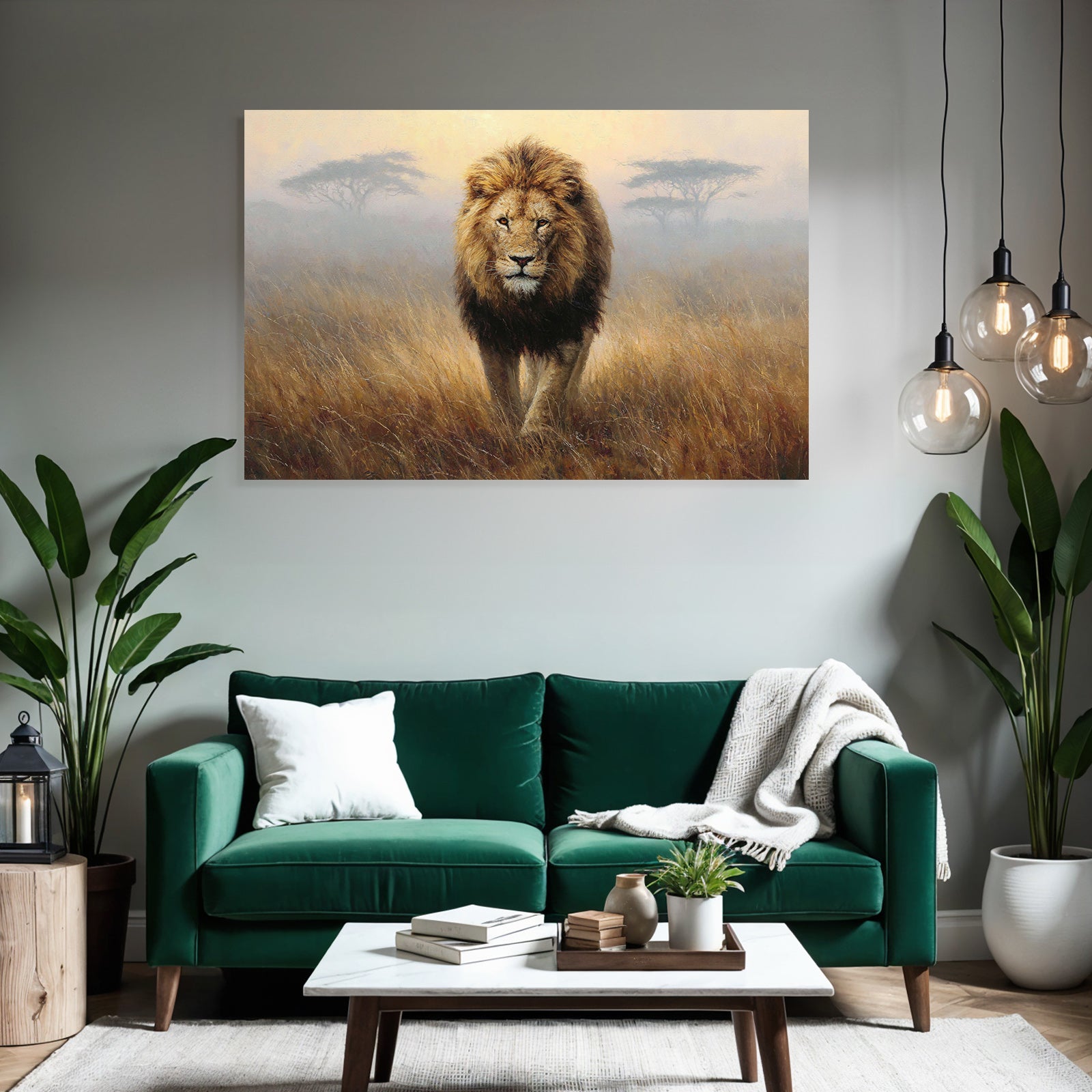 Lion Im Mistigen Graslandscape In Der Früh Oder Spätem Nachmittag