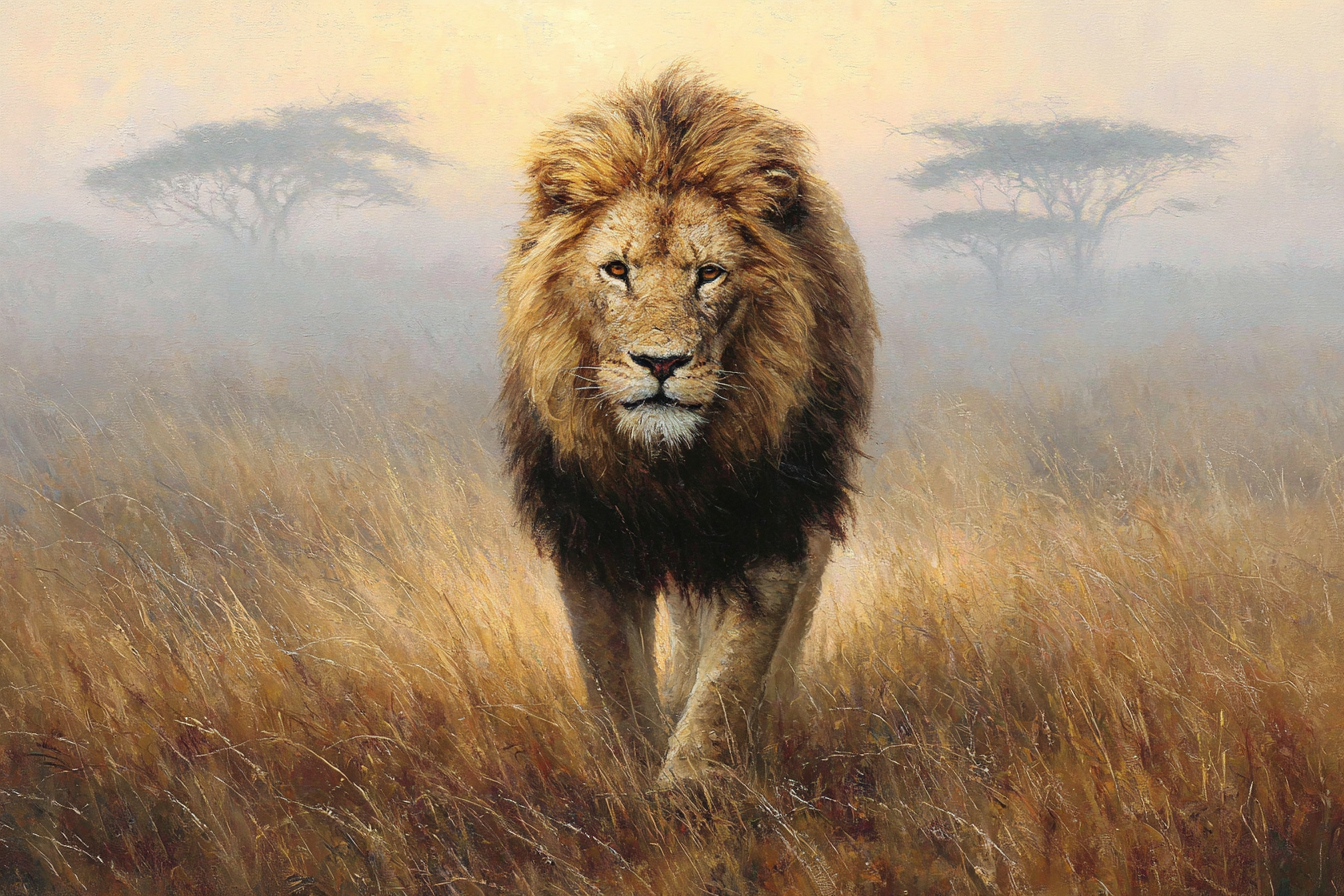 Lion Im Mistigen Graslandscape In Der Früh Oder Spätem Nachmittag | Safari und Wildtiere | Tiere