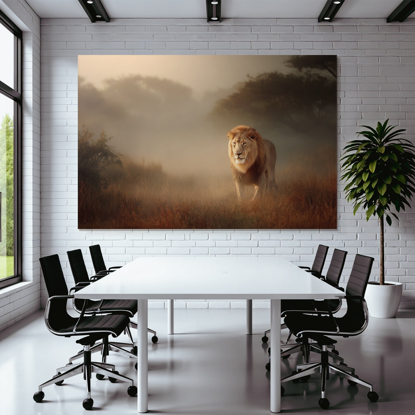 Lion Im Misty Landscape Frühmorgen Atmosphäre
