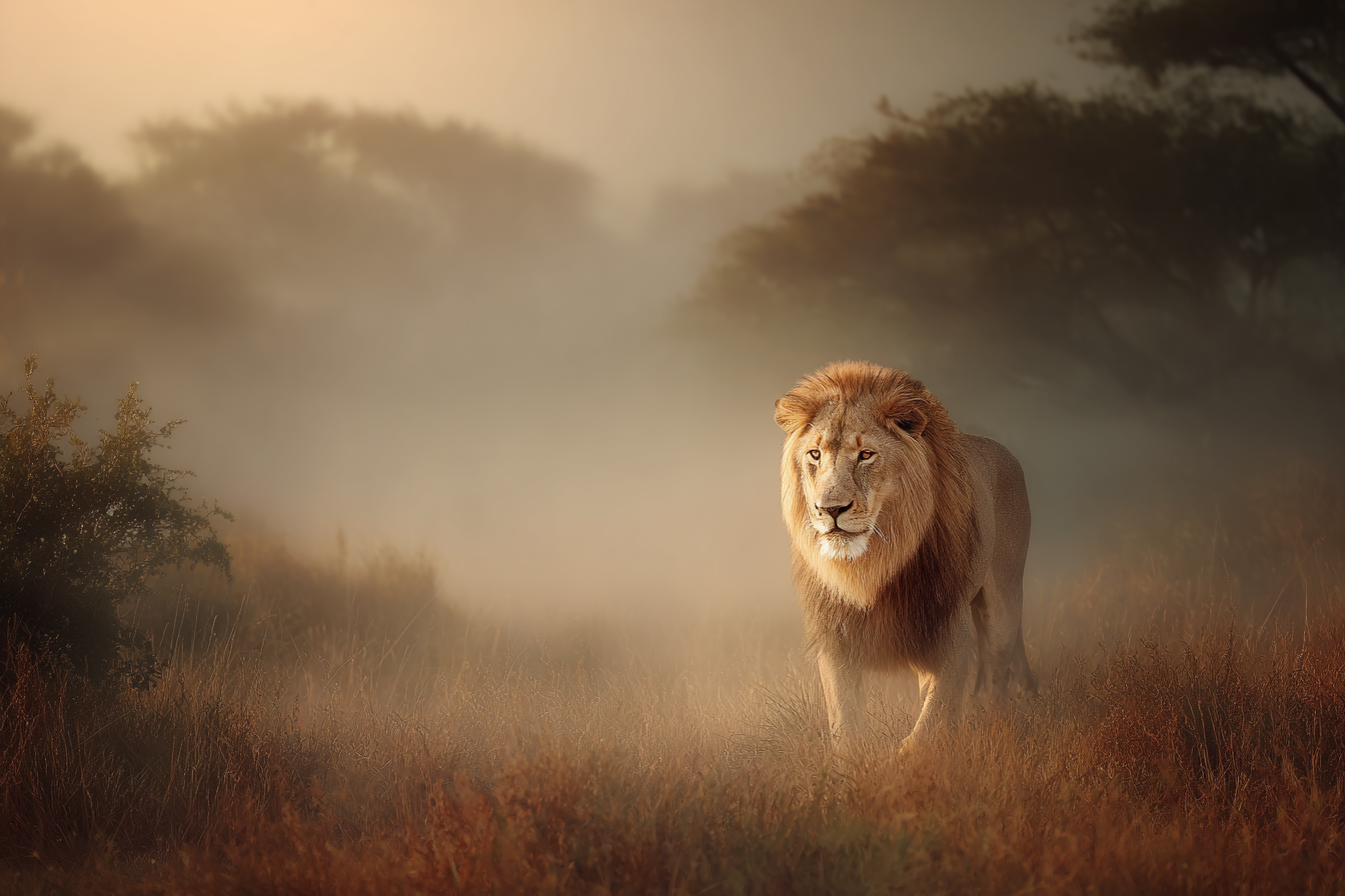 Lion Im Misty Landscape Frühmorgen Atmosphäre | Safari und Wildtiere | Tiere