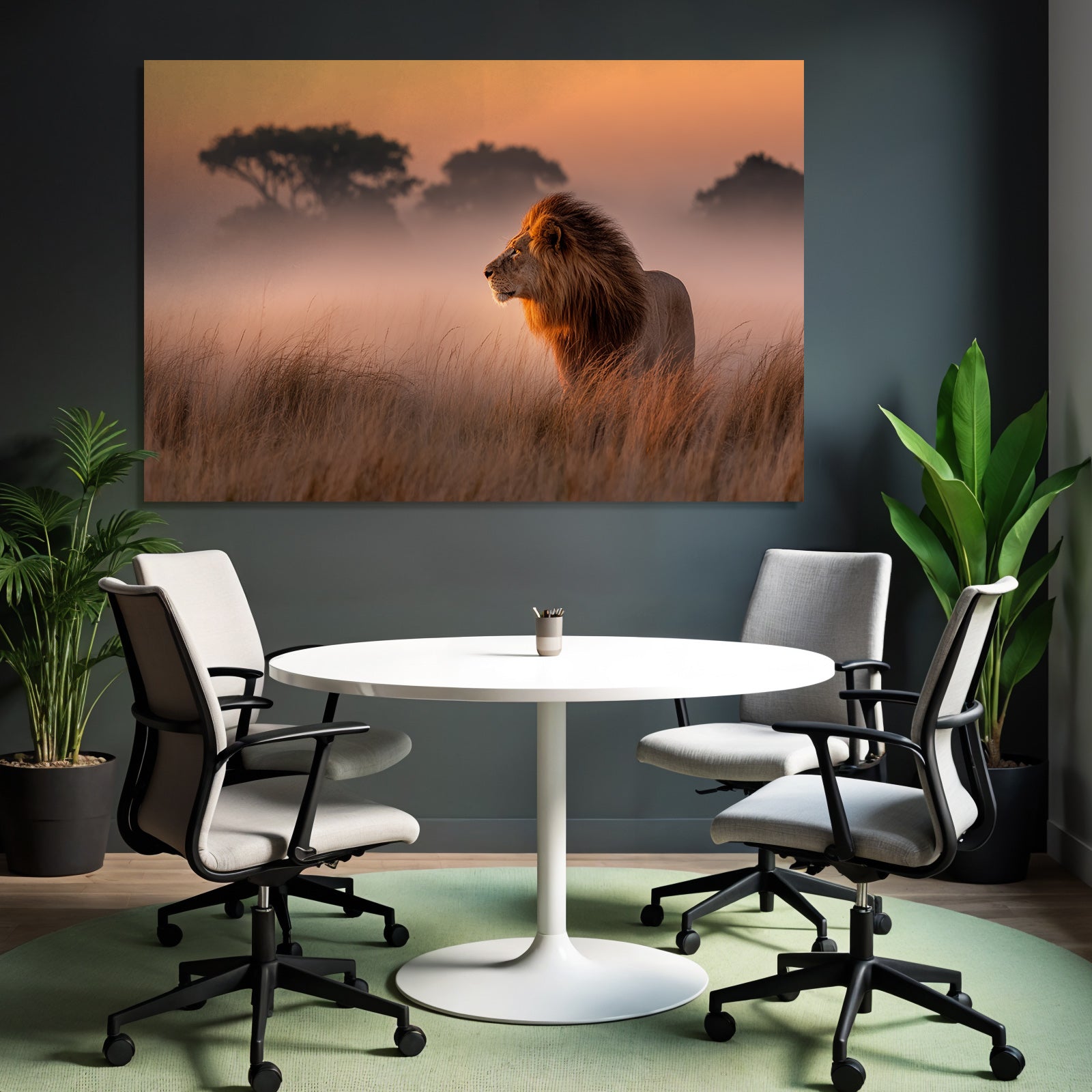 Lion Im Profil Im Feld Bei Sonnenaufgang Oder Sonnenuntergang