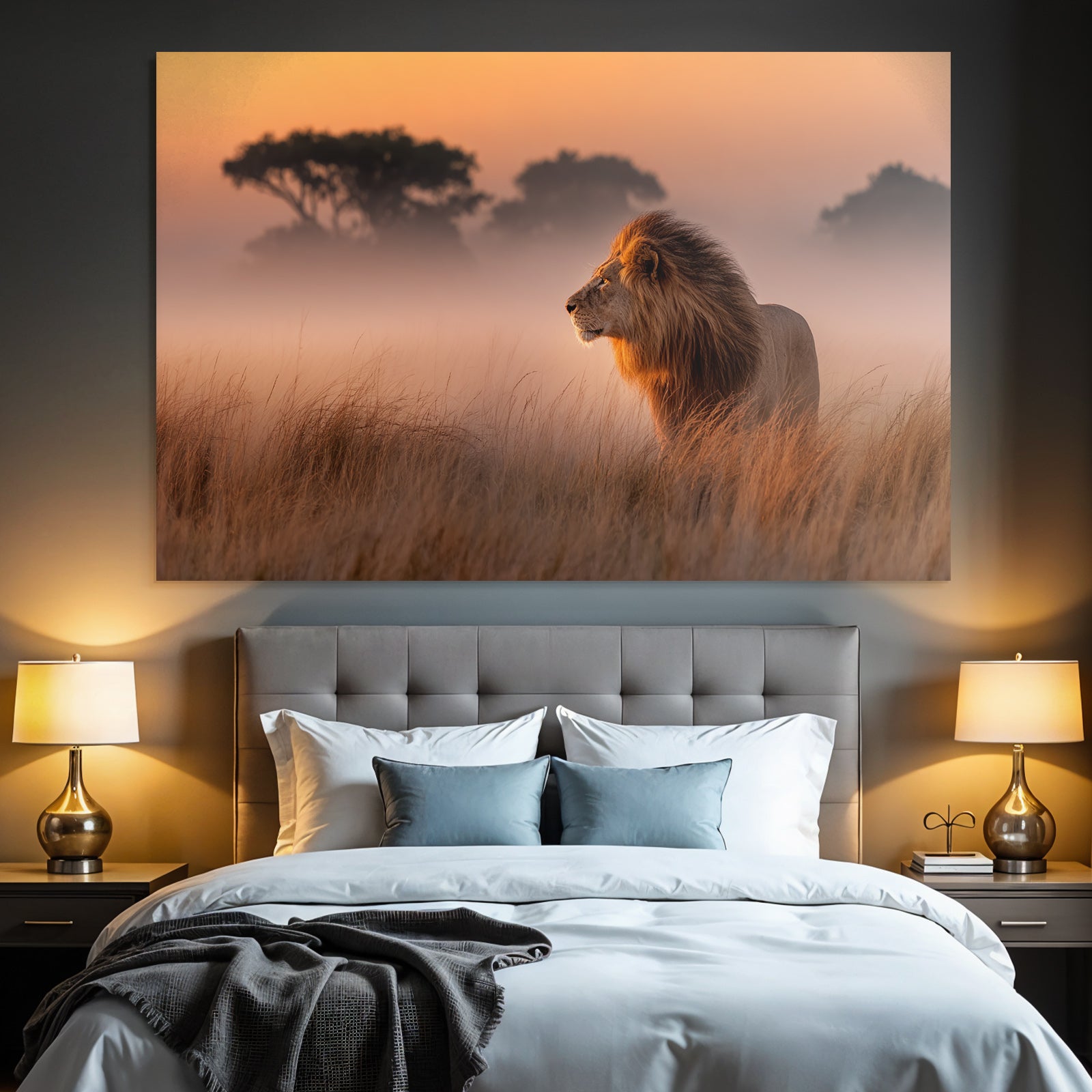 Lion Im Profil Im Feld Bei Sonnenaufgang Oder Sonnenuntergang