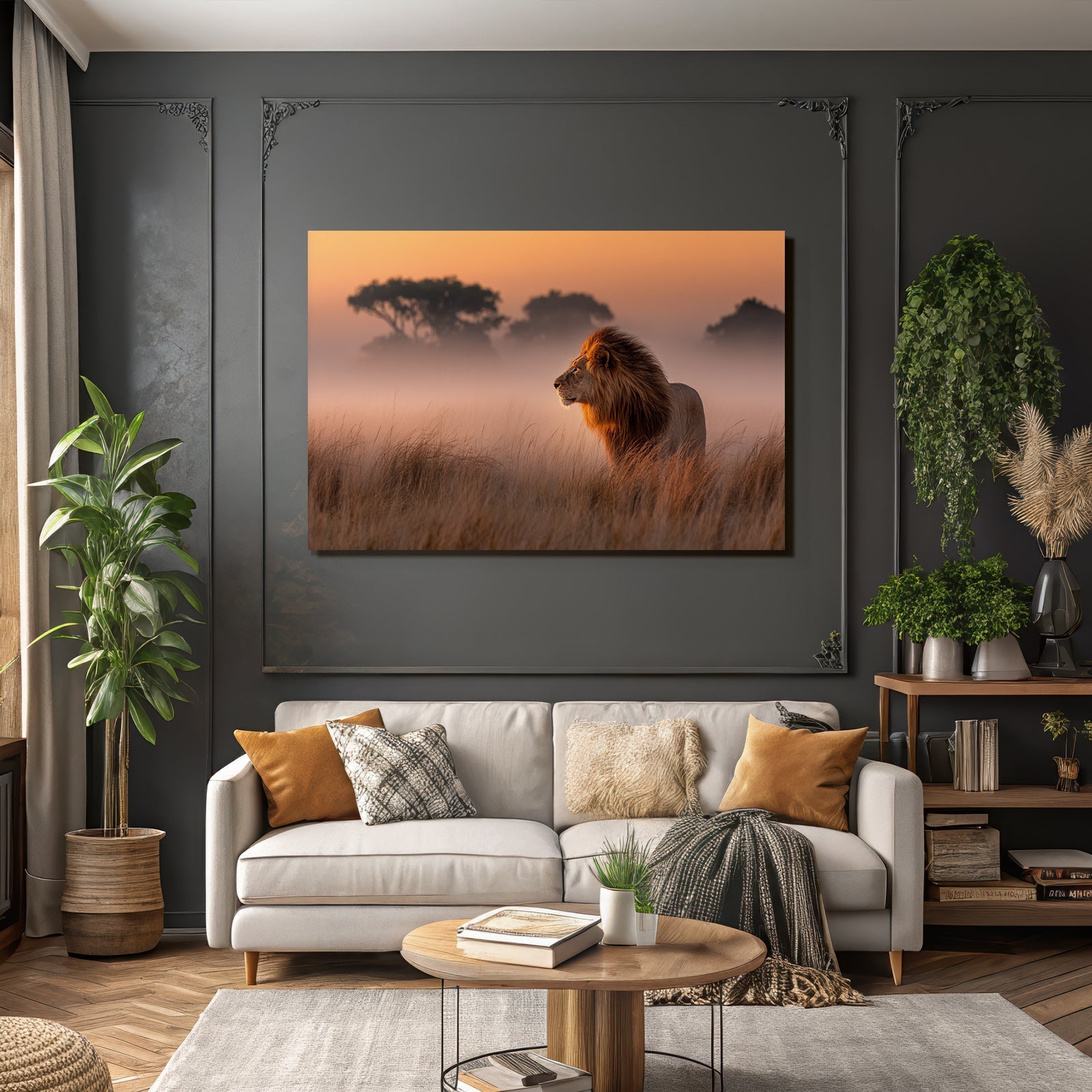 Lion Im Profil Im Feld Bei Sonnenaufgang Oder Sonnenuntergang