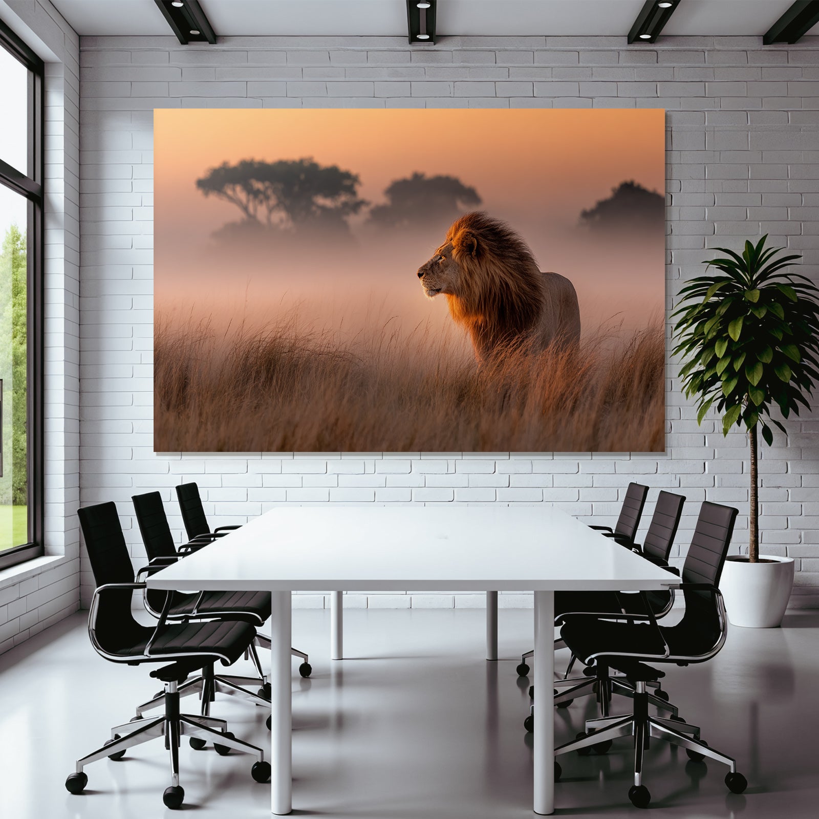 Lion Im Profil Im Feld Bei Sonnenaufgang Oder Sonnenuntergang